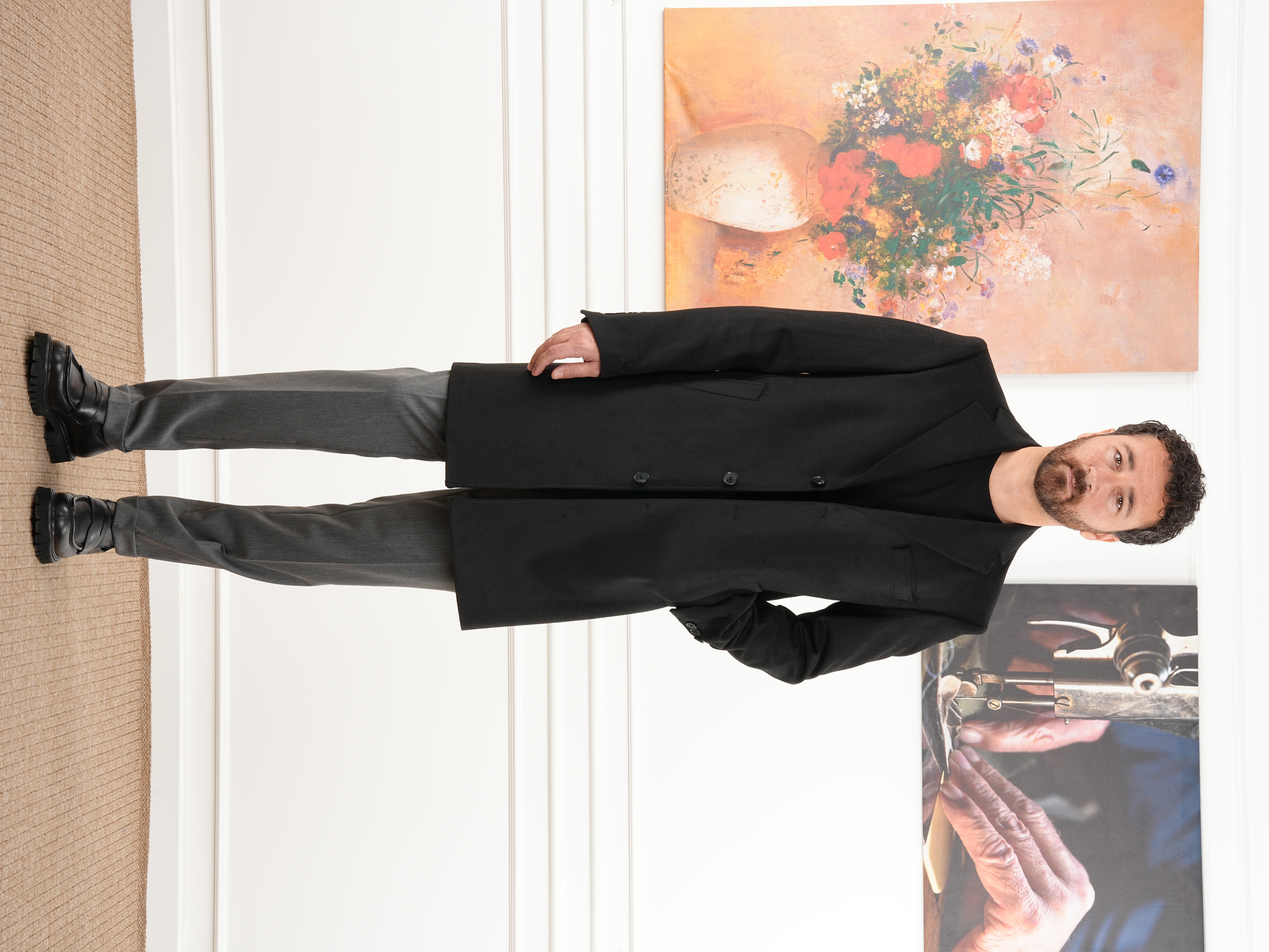 Erkek Premium İtalyan Stil Slim Fit Mono Yaka Kaşe Kaban - Siyah