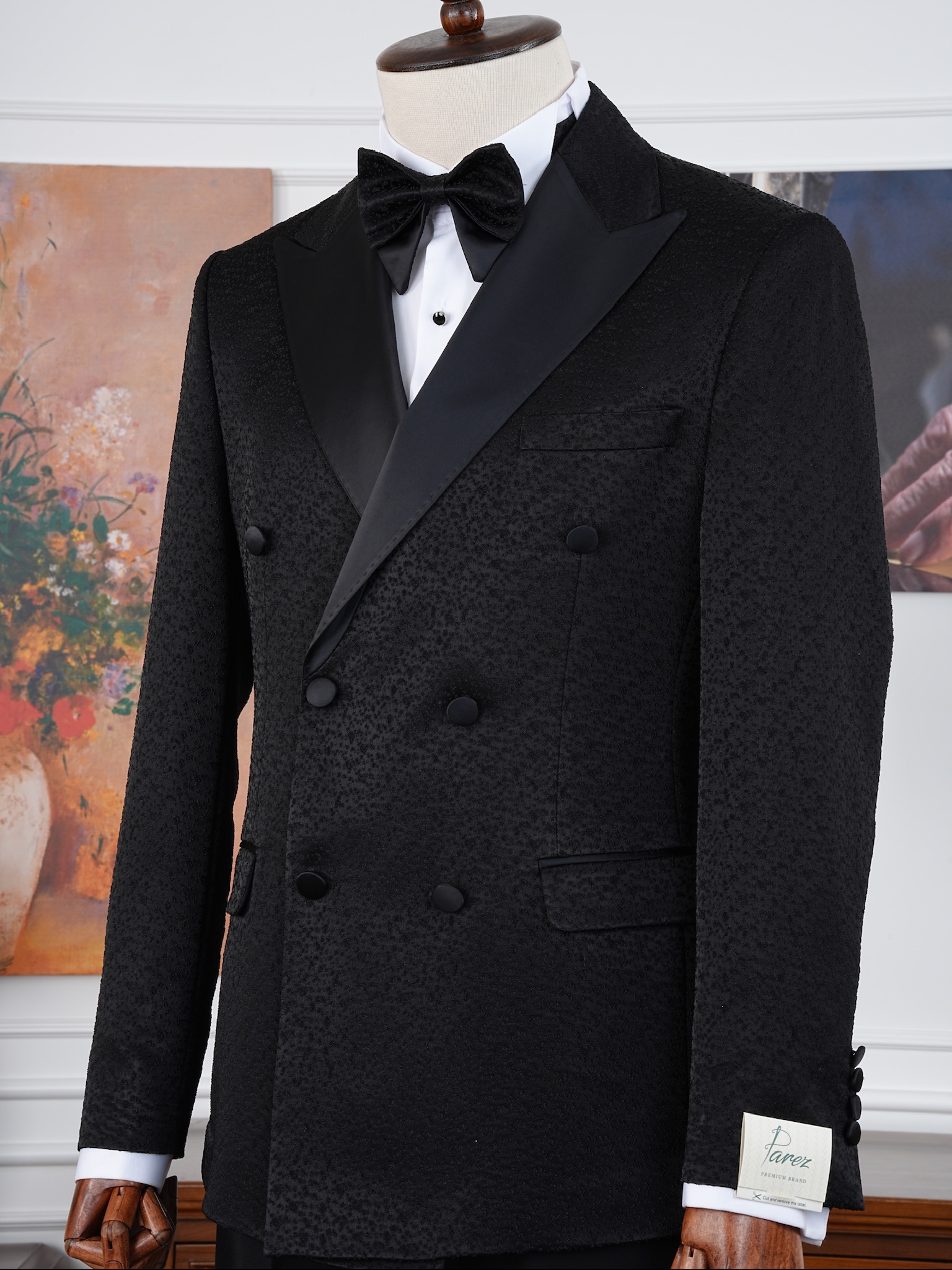 Erkek Slim Fit İtalyan Stil Jakar Desenli Damatlık Smokin Ceket Pantolon - Siyah