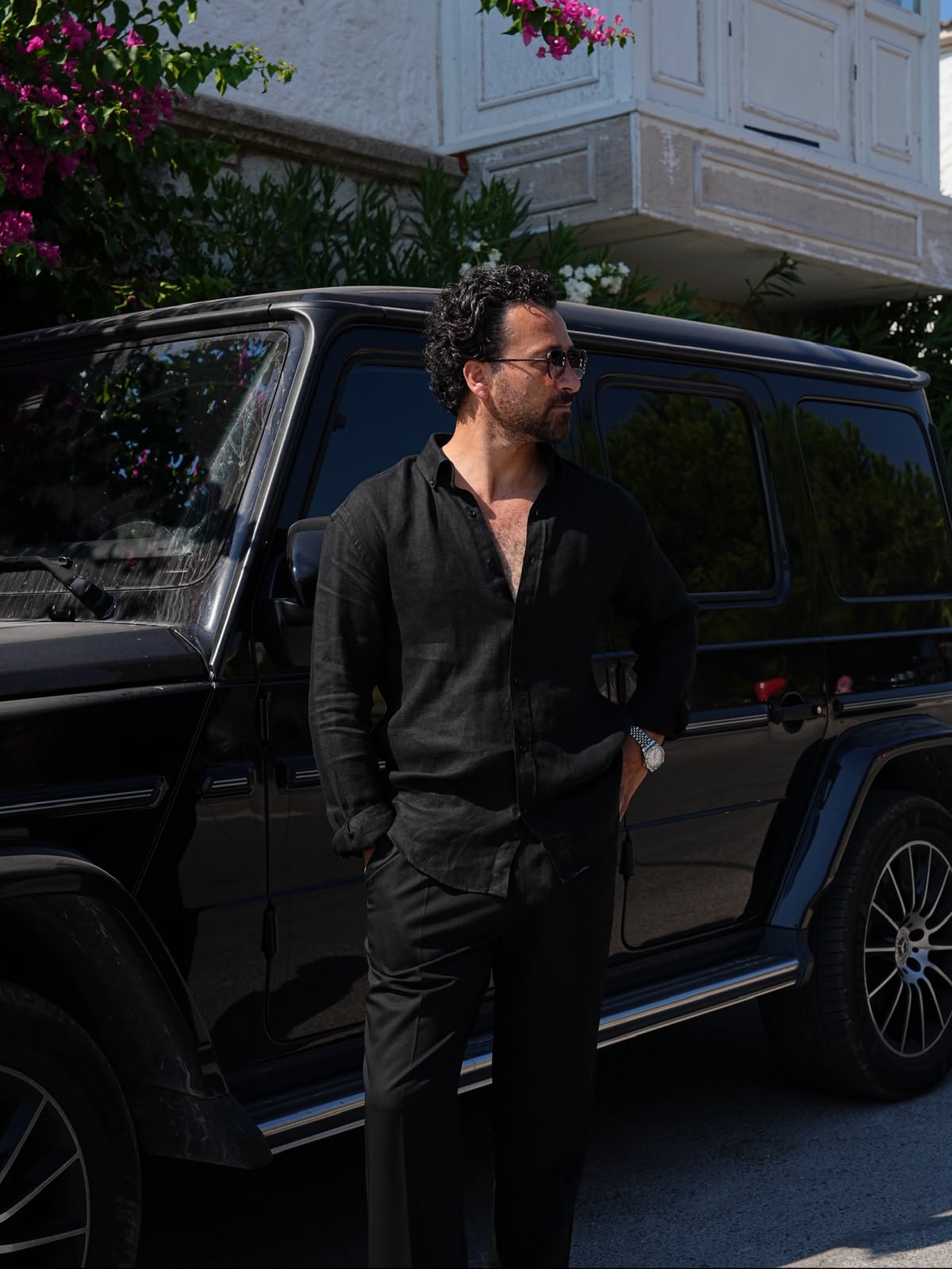 PAREZ Keten Gömlek Modern Fit Yaka Düğmeli - Siyah