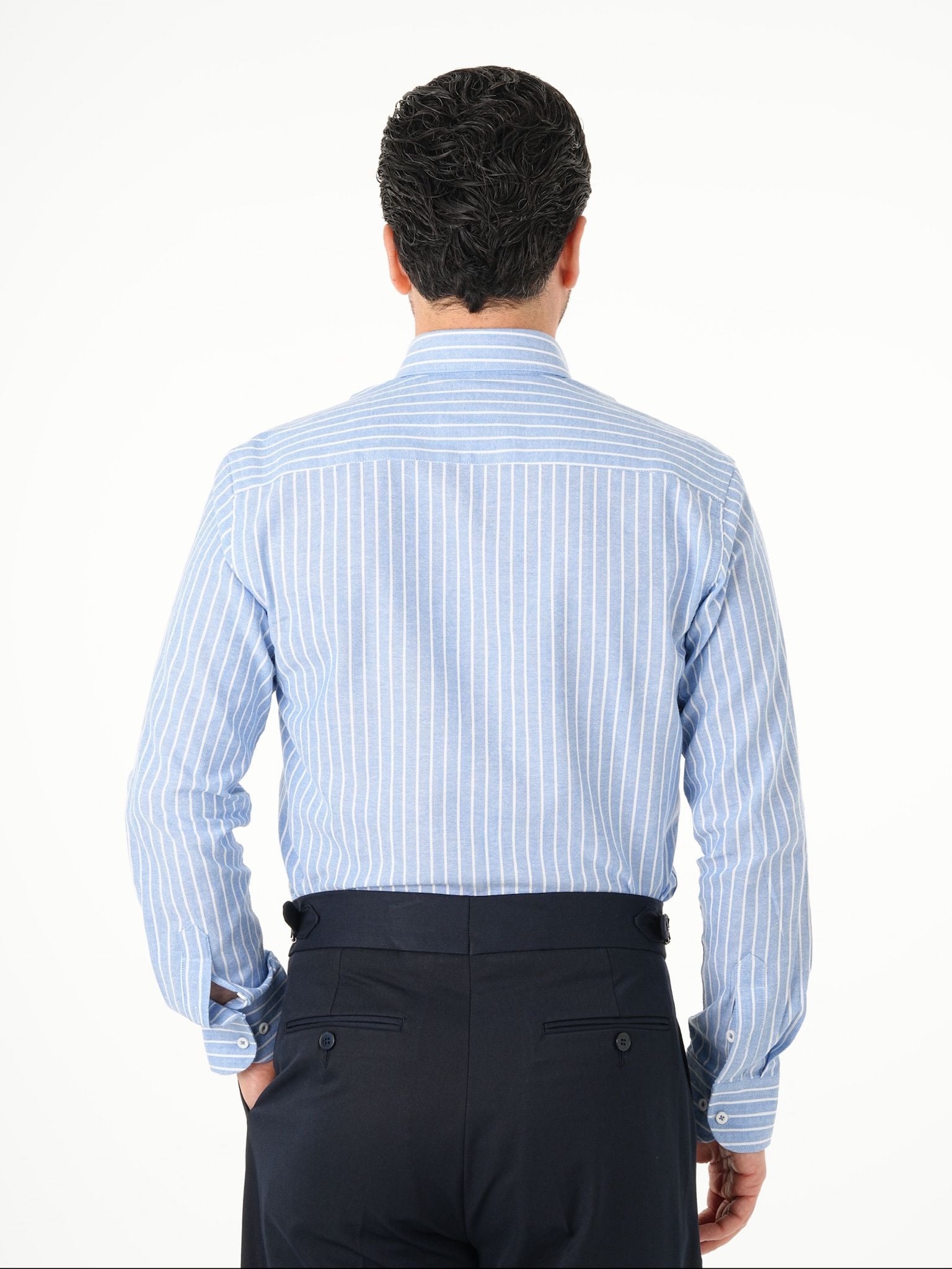 Premium Erkek Regular Fit Çizgili Keten Gömlek - Buz Mavisi