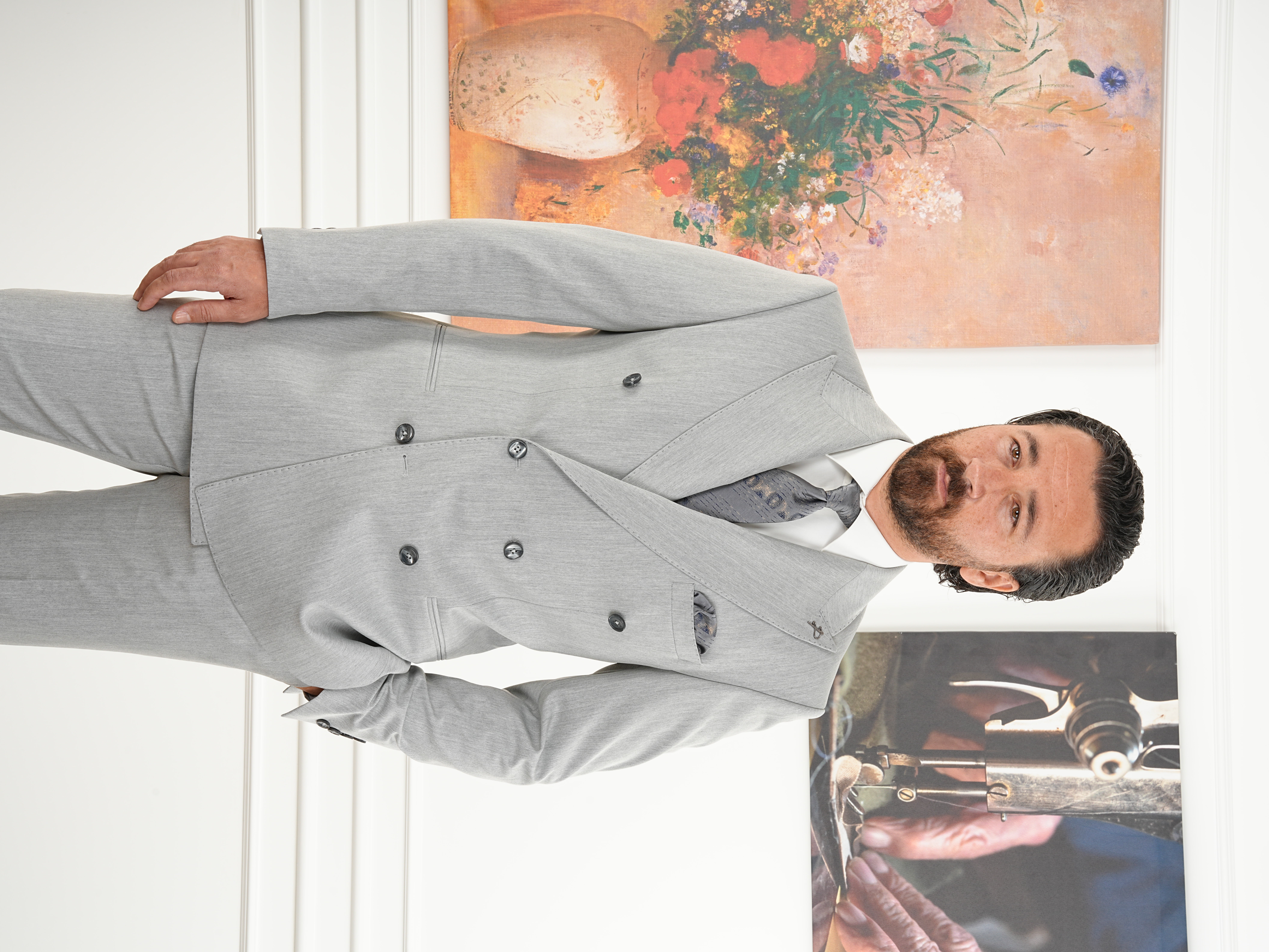 Erkek Slim Fit İtalyan Stil Kruvaze Takım Elbise Ceket Pantolon - Açık gri