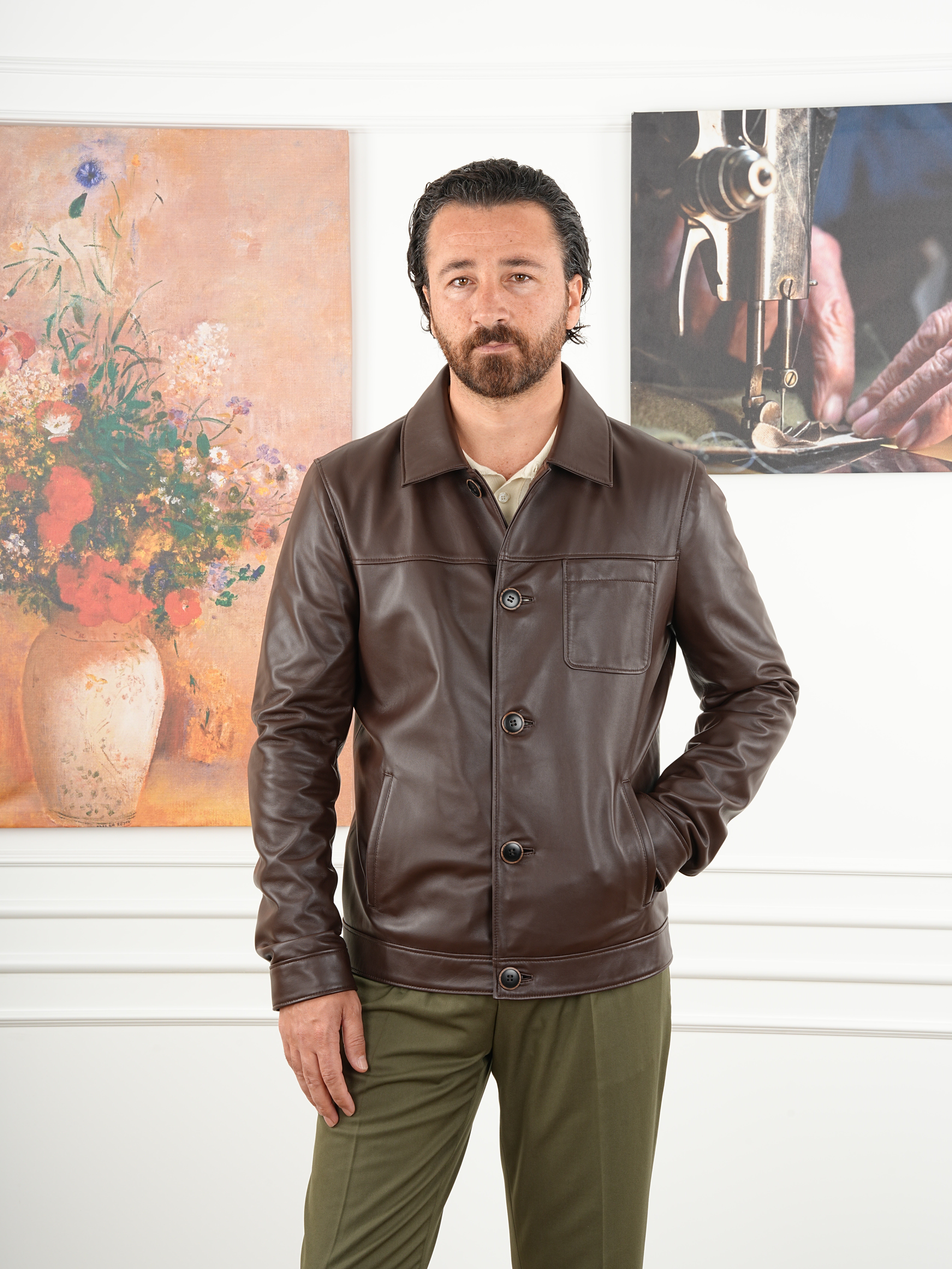 Erkek Slim Fit Düğmeli Hakiki Naturel Deri Mont Deri - Kahve