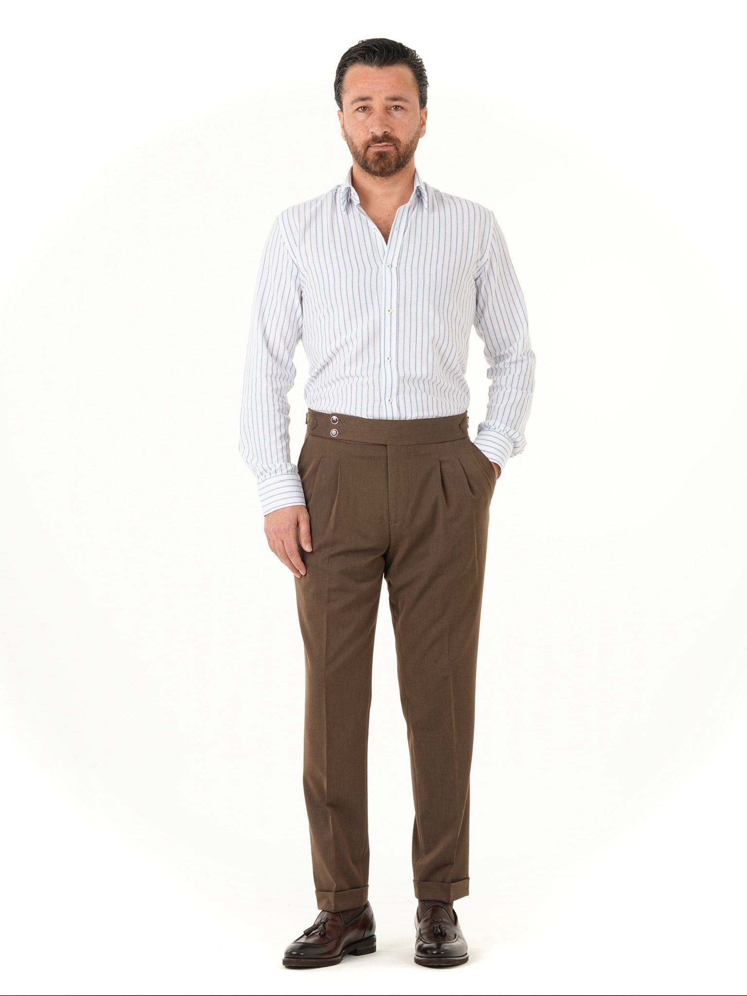 Erkek Regular Fit Yüksek Bel Piliseli Tokalı Kumaş Pantolon - Sütlü Kahve