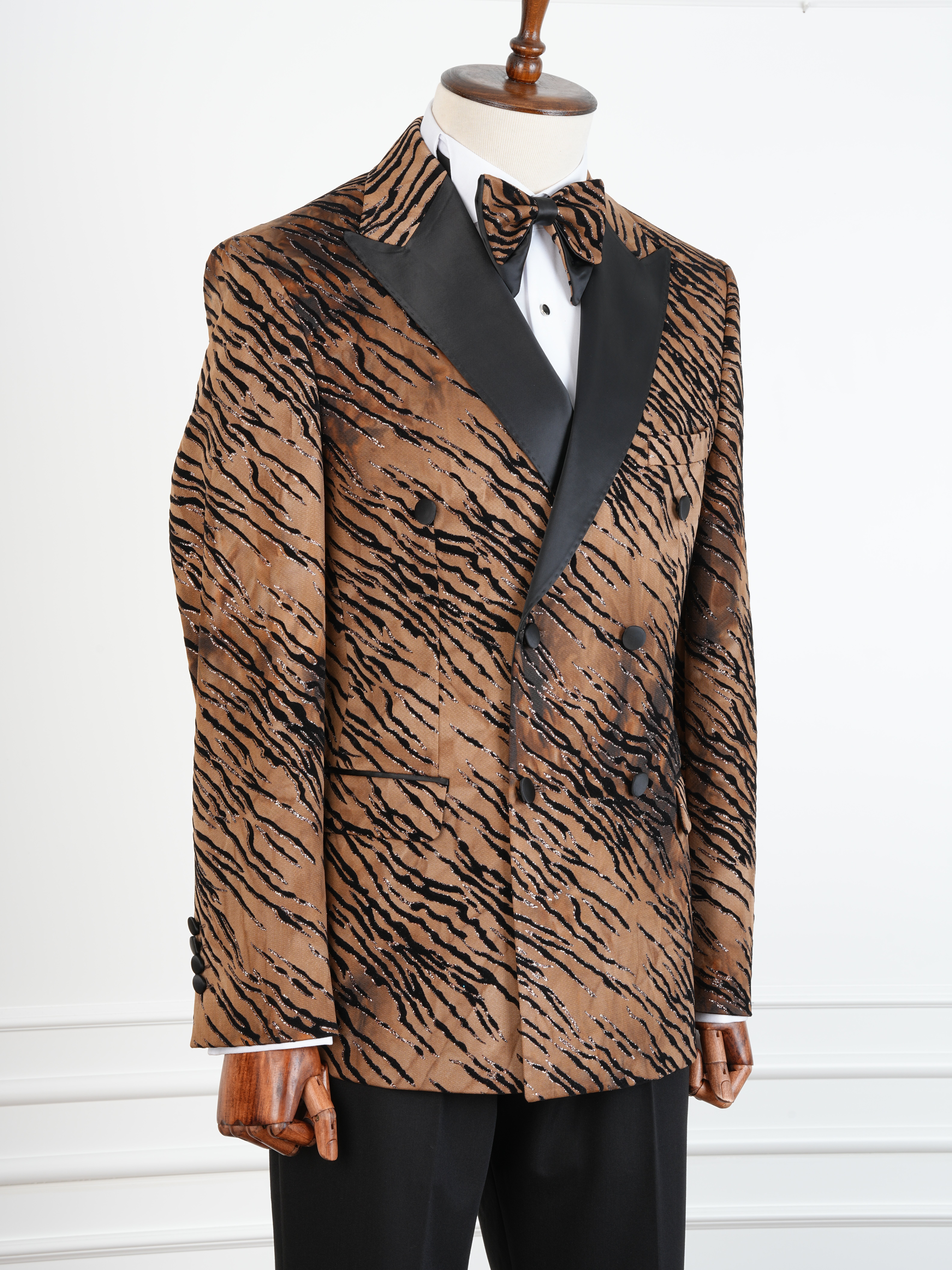 Erkek Slim Fit İtalyan Stil Desenli Damatlık Smokin - Kahve