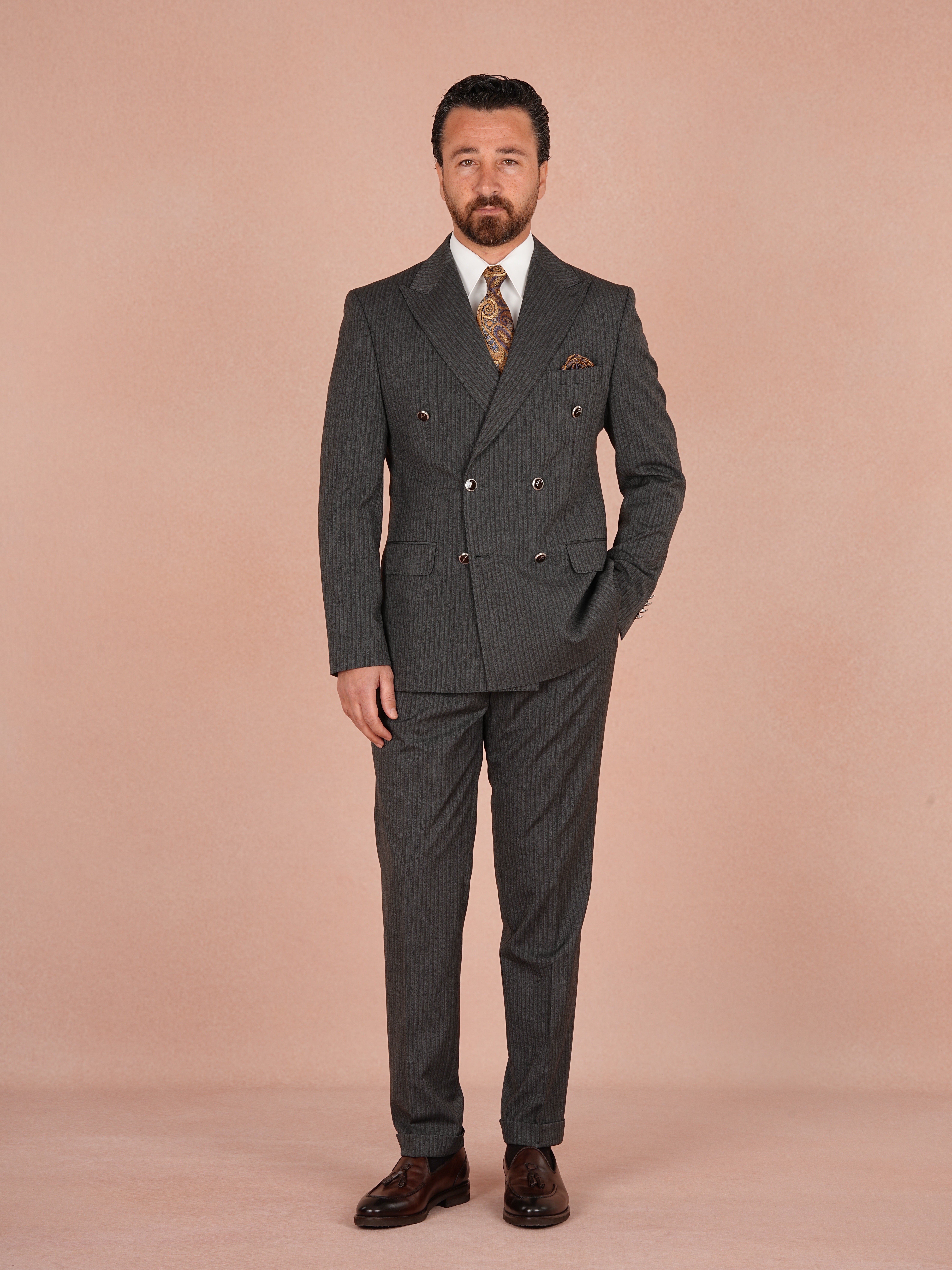 Premium Erkek Çizgili Kruvaze Takım Elbise Slim Fit İtalyan Stil Ceket Pantolon - Gri