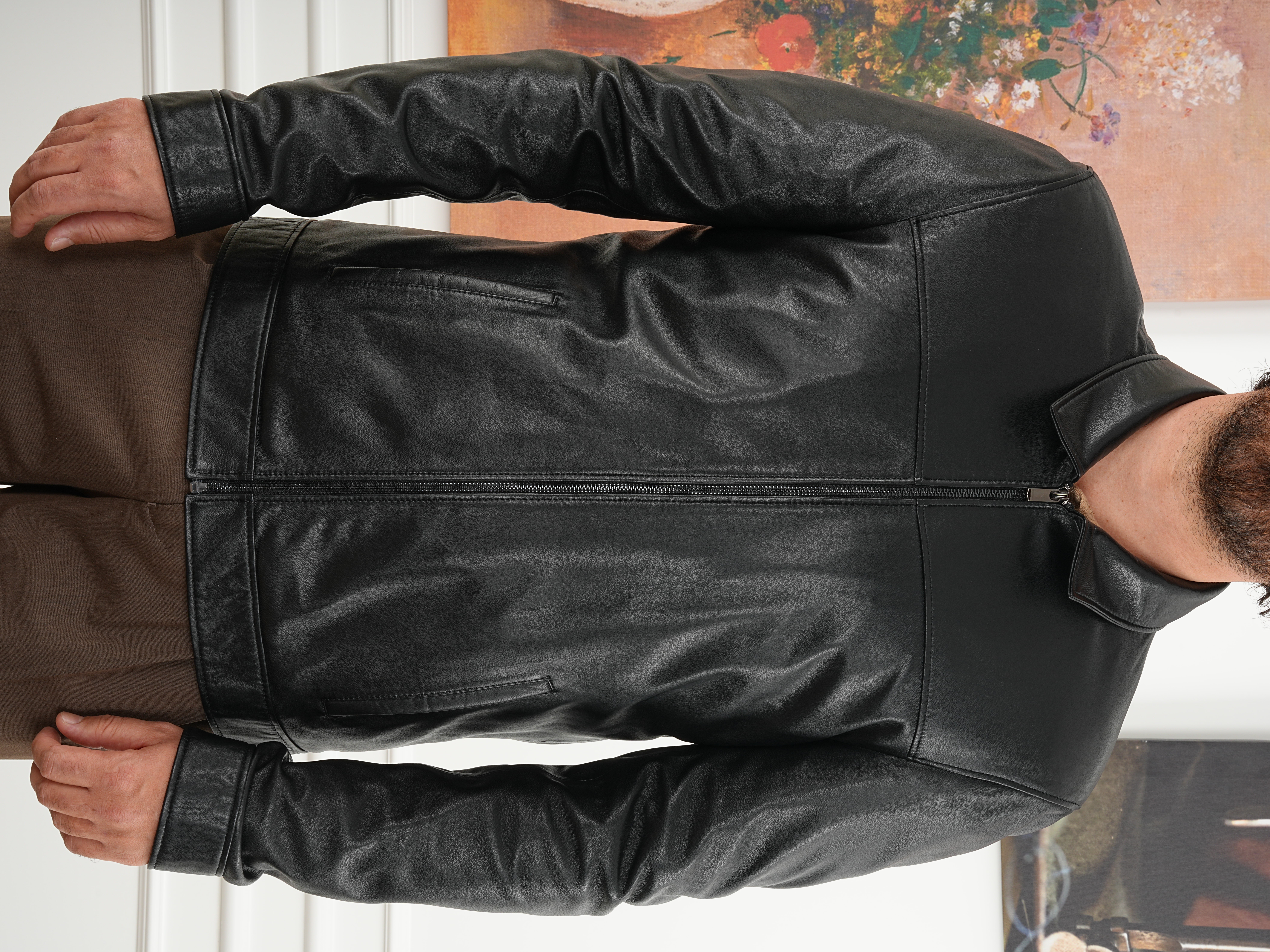 Erkek Slim Fit Fermuarlı Hakiki Naturel Deri Mont - Siyah