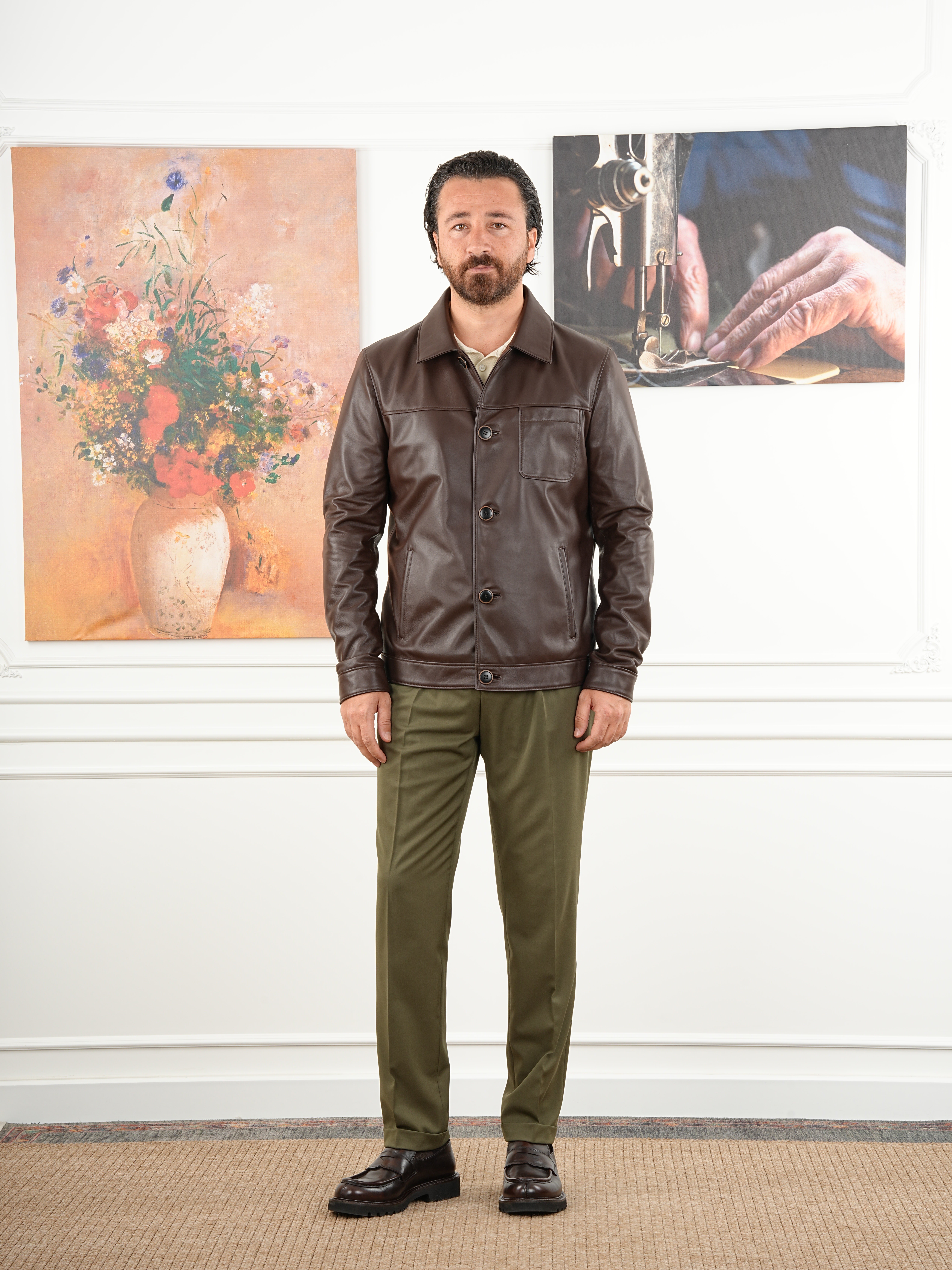 Erkek Slim Fit Düğmeli Hakiki Naturel Deri Mont Deri - Kahve