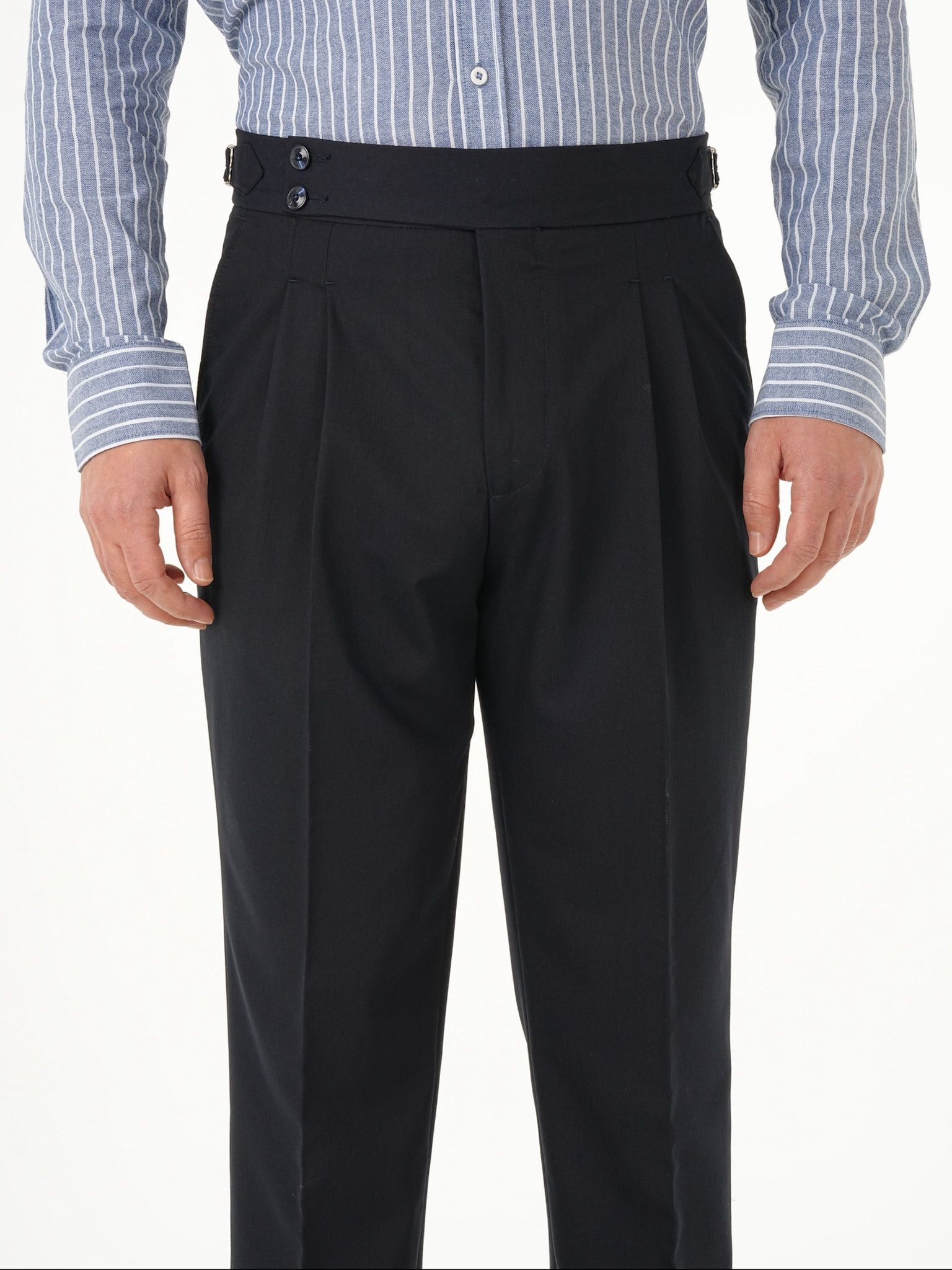 Erkek Regular Fit Yüksek Bel Piliseli Tokalı Kumaş Pantolon - Koyu Lacivert