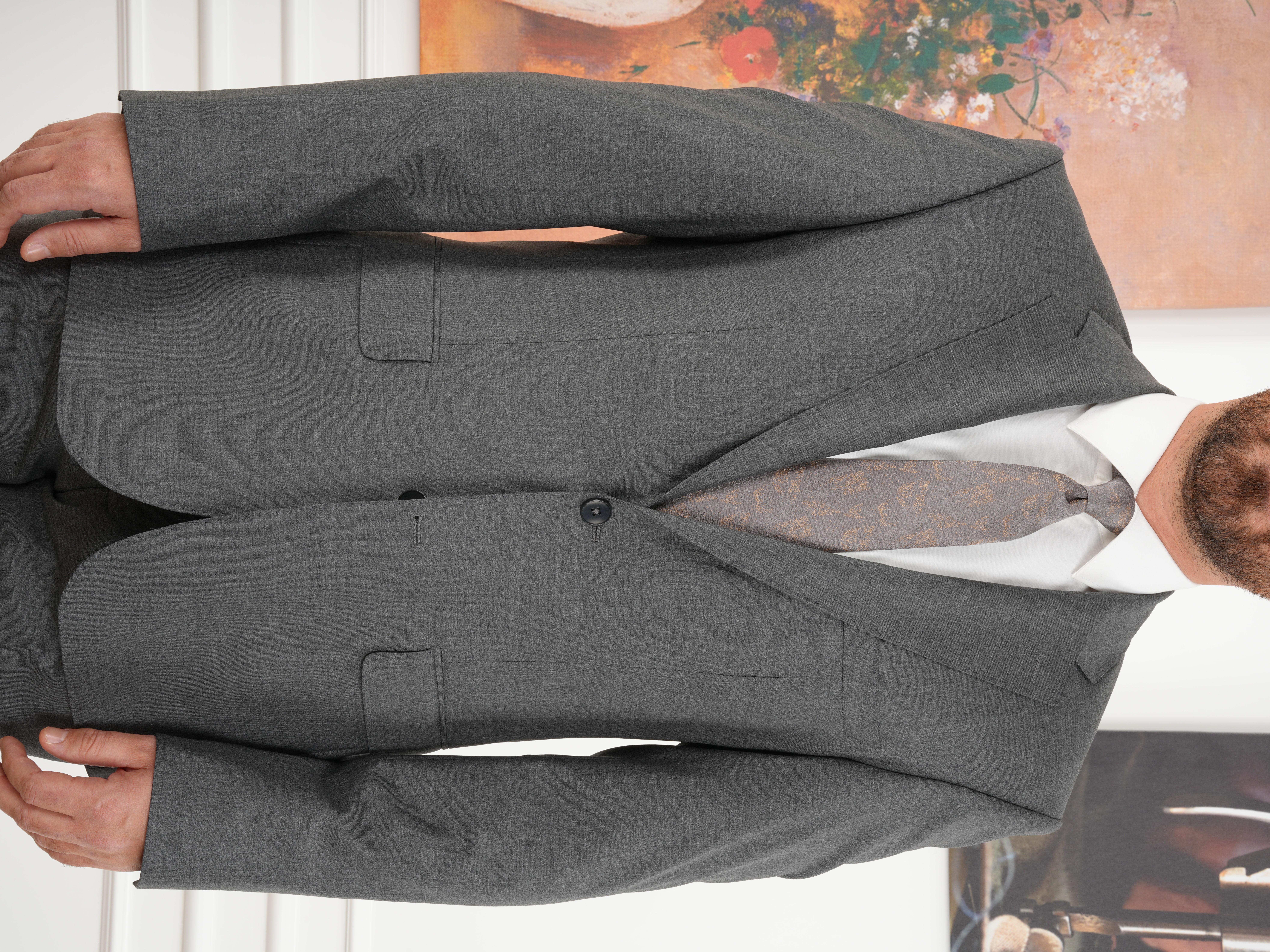 Erkek Regular İtalyan Stil Yünlü Mono Yaka Takım Elbise Ceket Pantolon - Füme