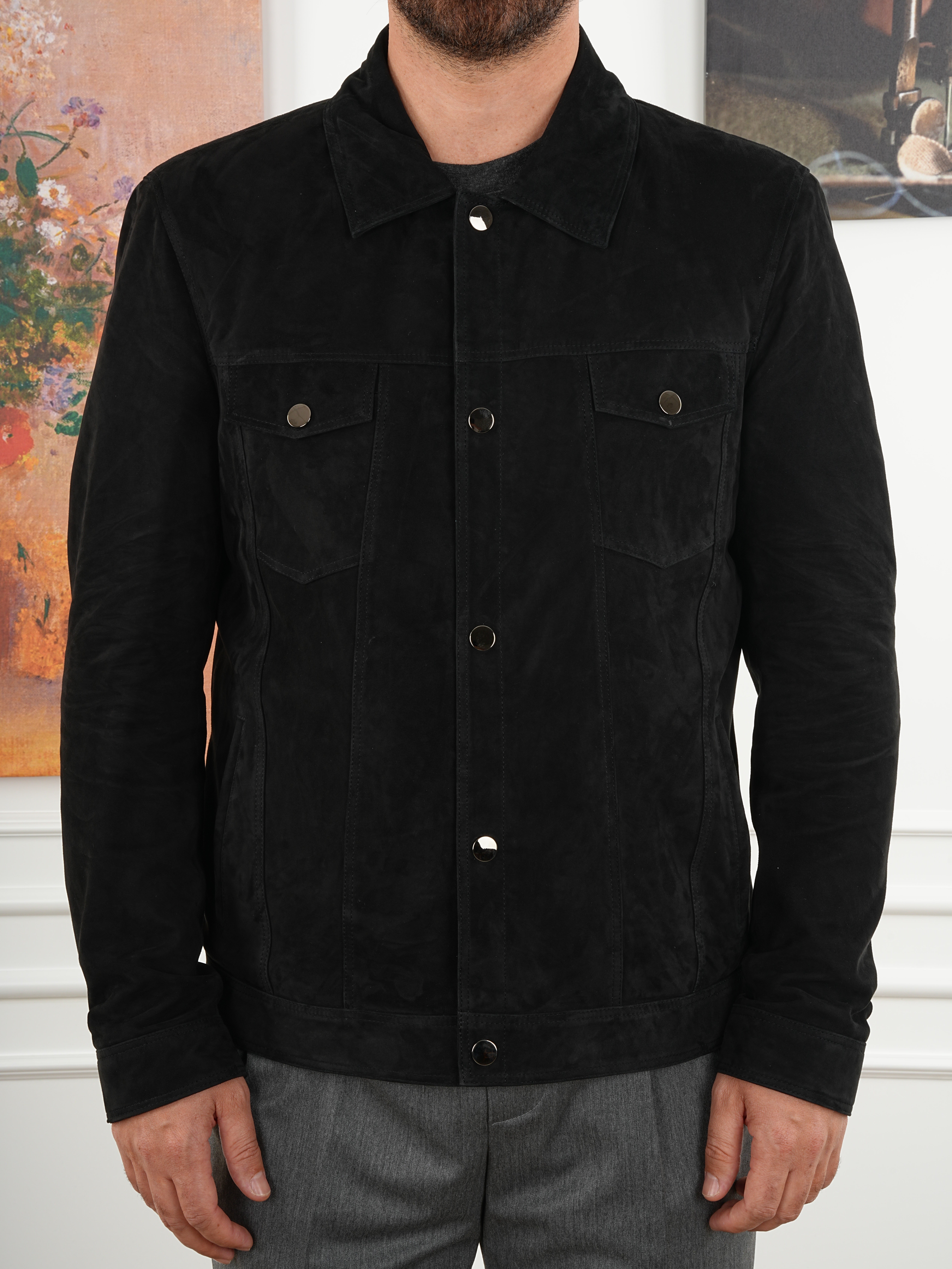 Erkek Slim Fit Çıt Çıtlı Hakiki Süet Deri Mont Ceket - Siyah
