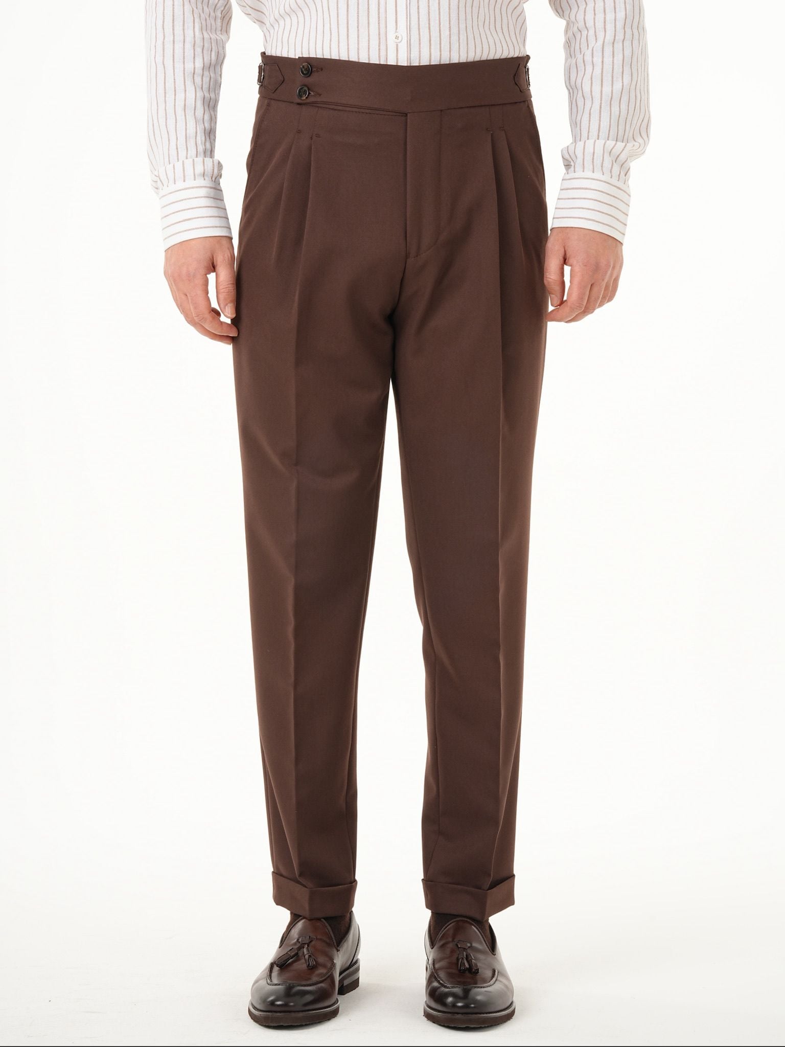 Erkek Regular Fit Yüksek Bel Piliseli Tokalı Kumaş Pantolon - Acı Kahve