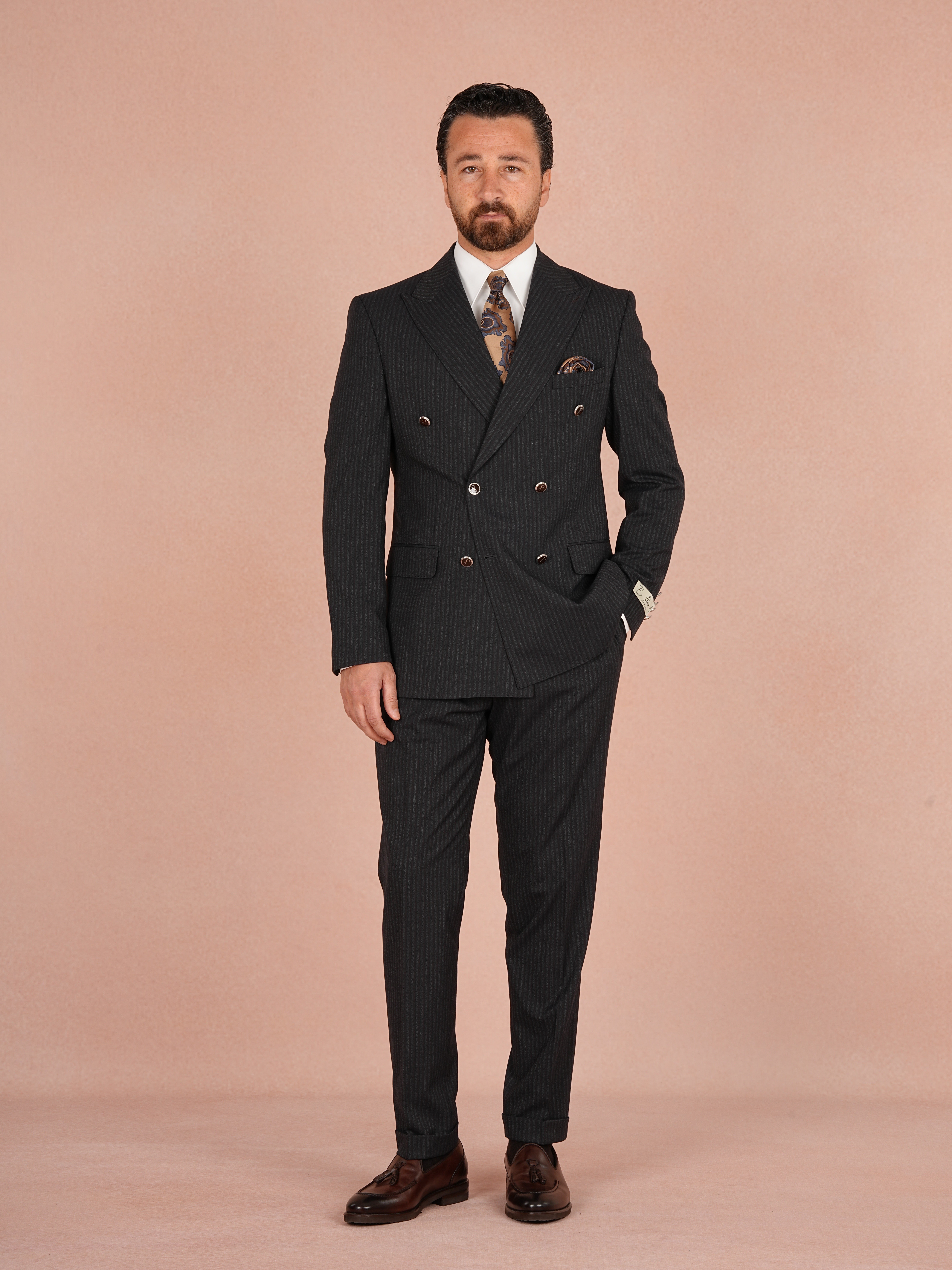 Premium Erkek Çizgili Kruvaze Takım Elbise Slim Fit İtalyan Stil Ceket Pantolon - Siyah