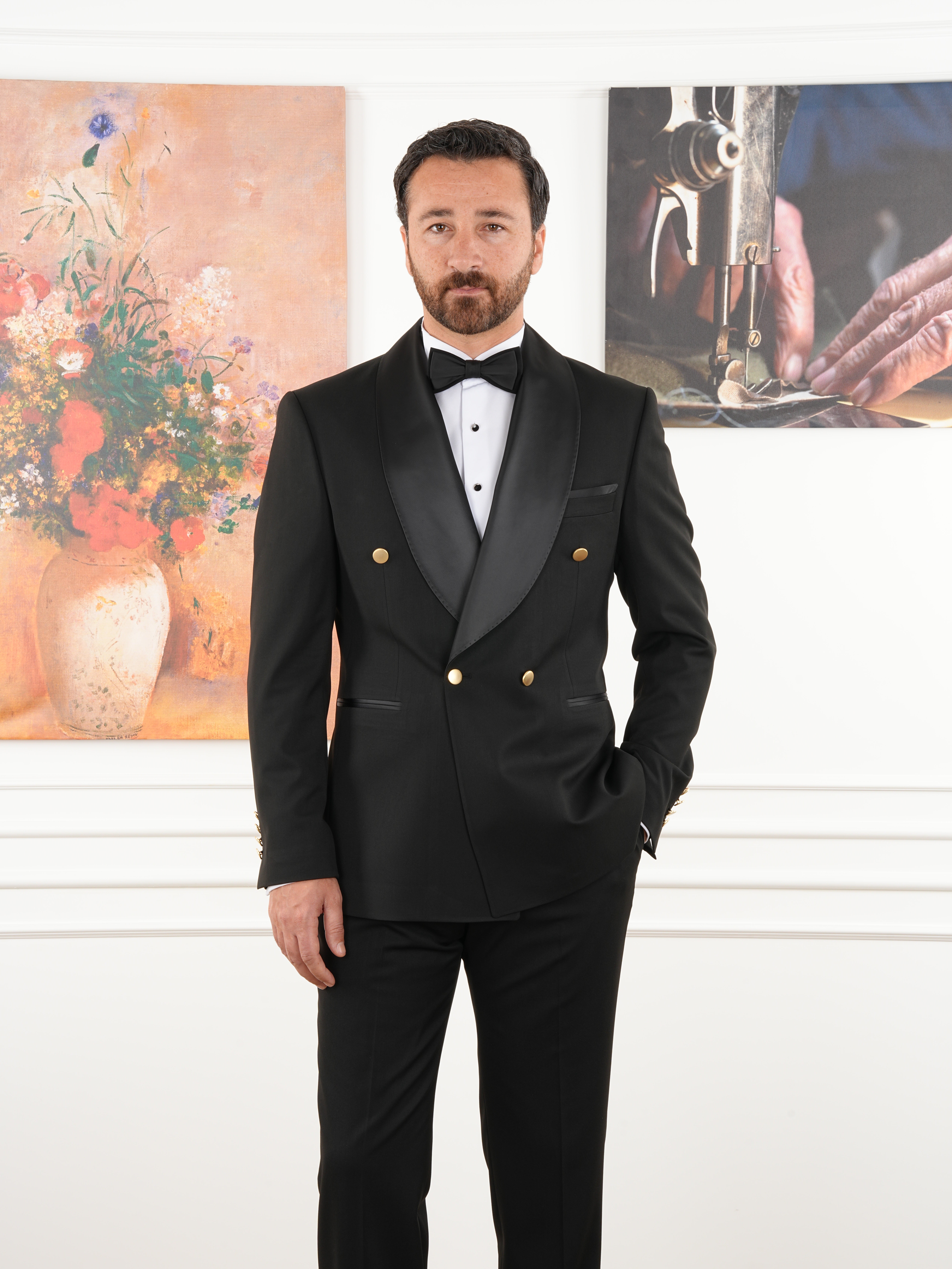 Premium Erkek Slim Fit İtalyan Stil Kruvaze Smokin Puntolu Şal Yaka Damatlık Ceket Pantolon Papyon - Siyah