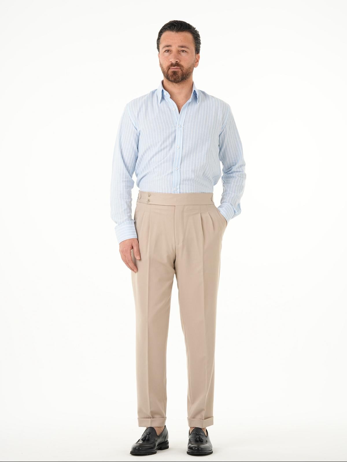 Erkek Regular Fit Yüksek Bel Piliseli Tokalı Kumaş Pantolon - Krem