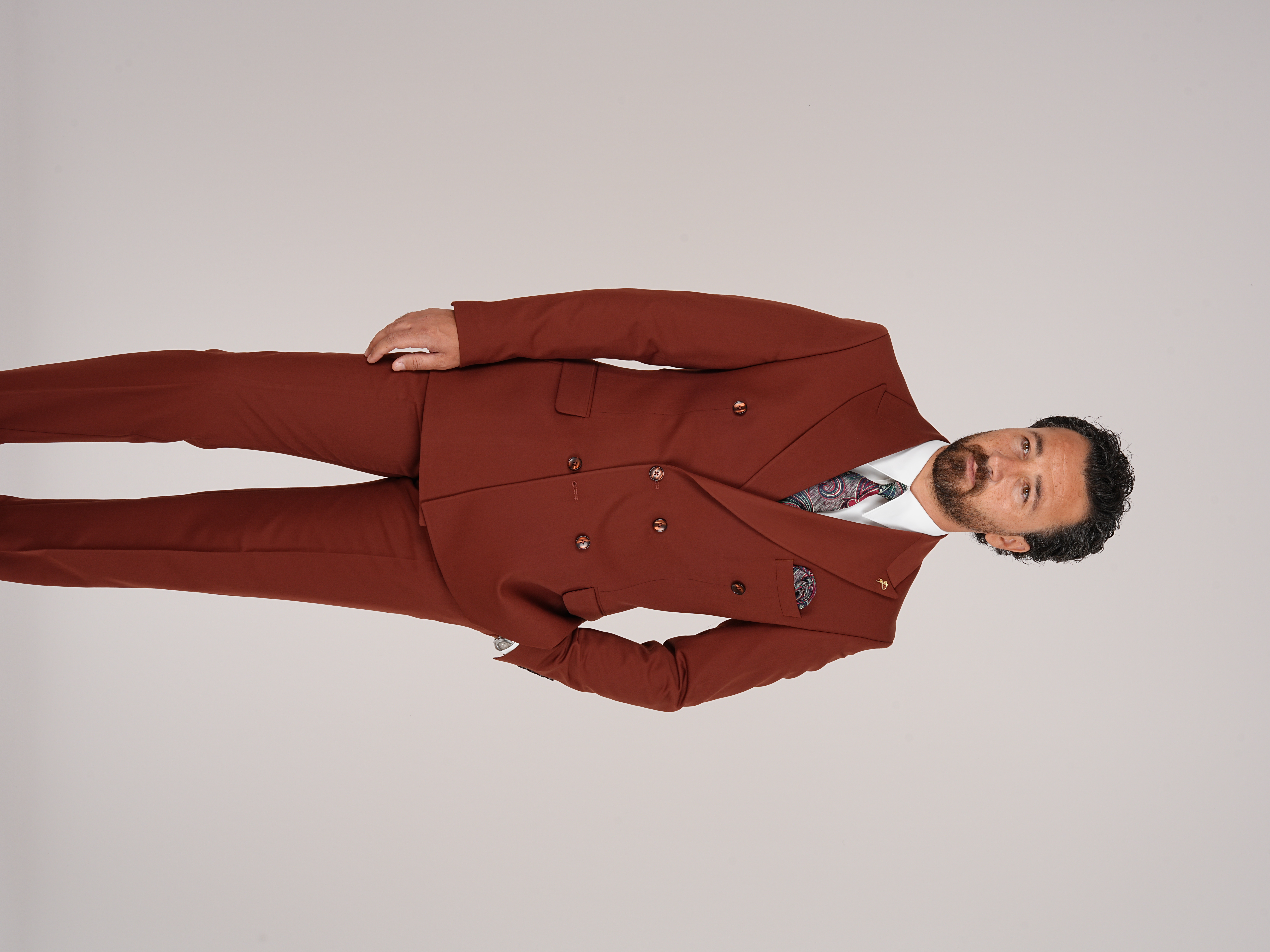 Premium Mens Double-Breasted italian Slim-Fit Suit Jacket & Trousers - Terracotta
