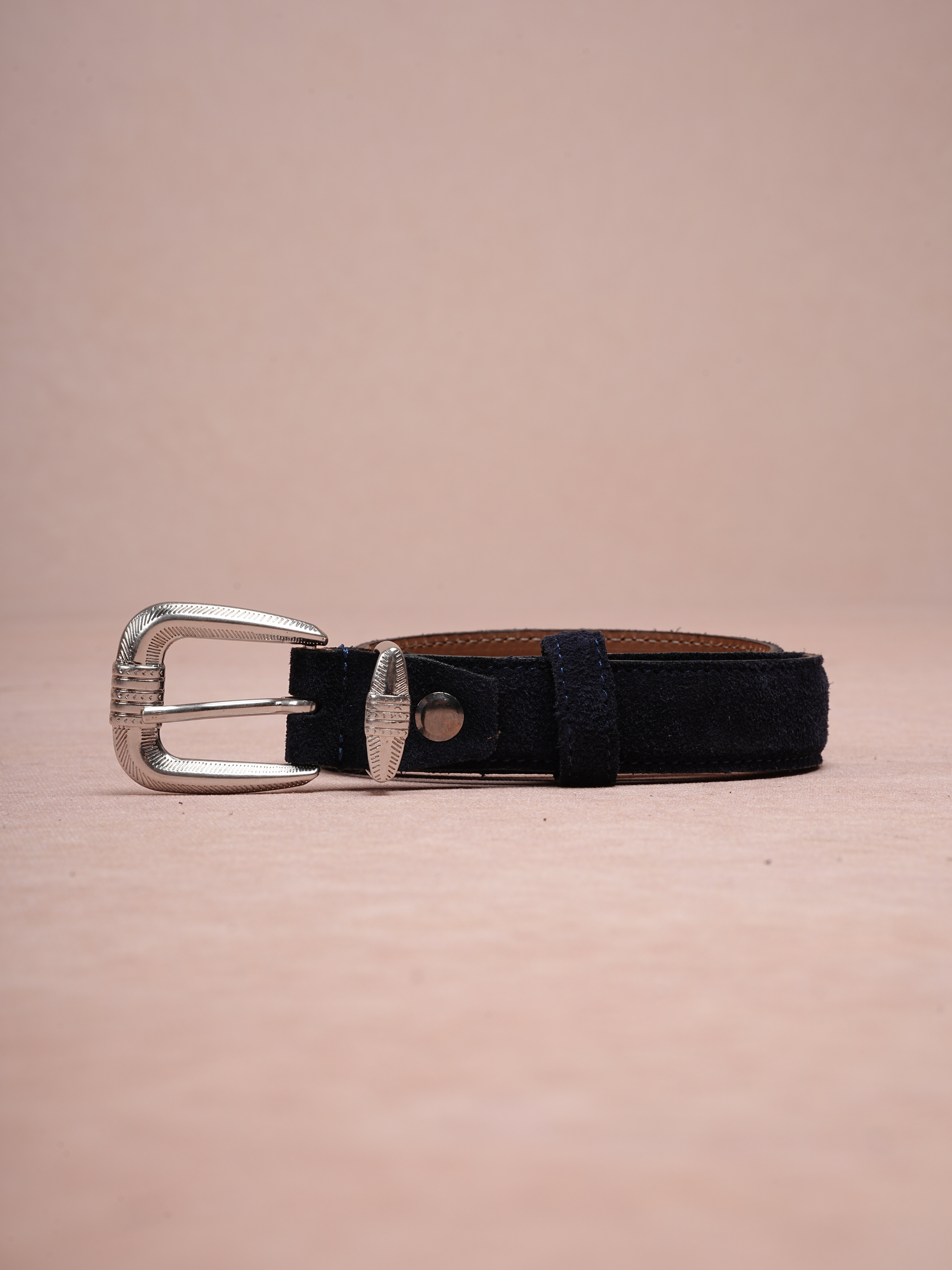 Erkek %100 Hakiki Süet Deri Ince Kalay Kaplama Beyaz Tokalı Kemer 2.5 Cm - Lacivert