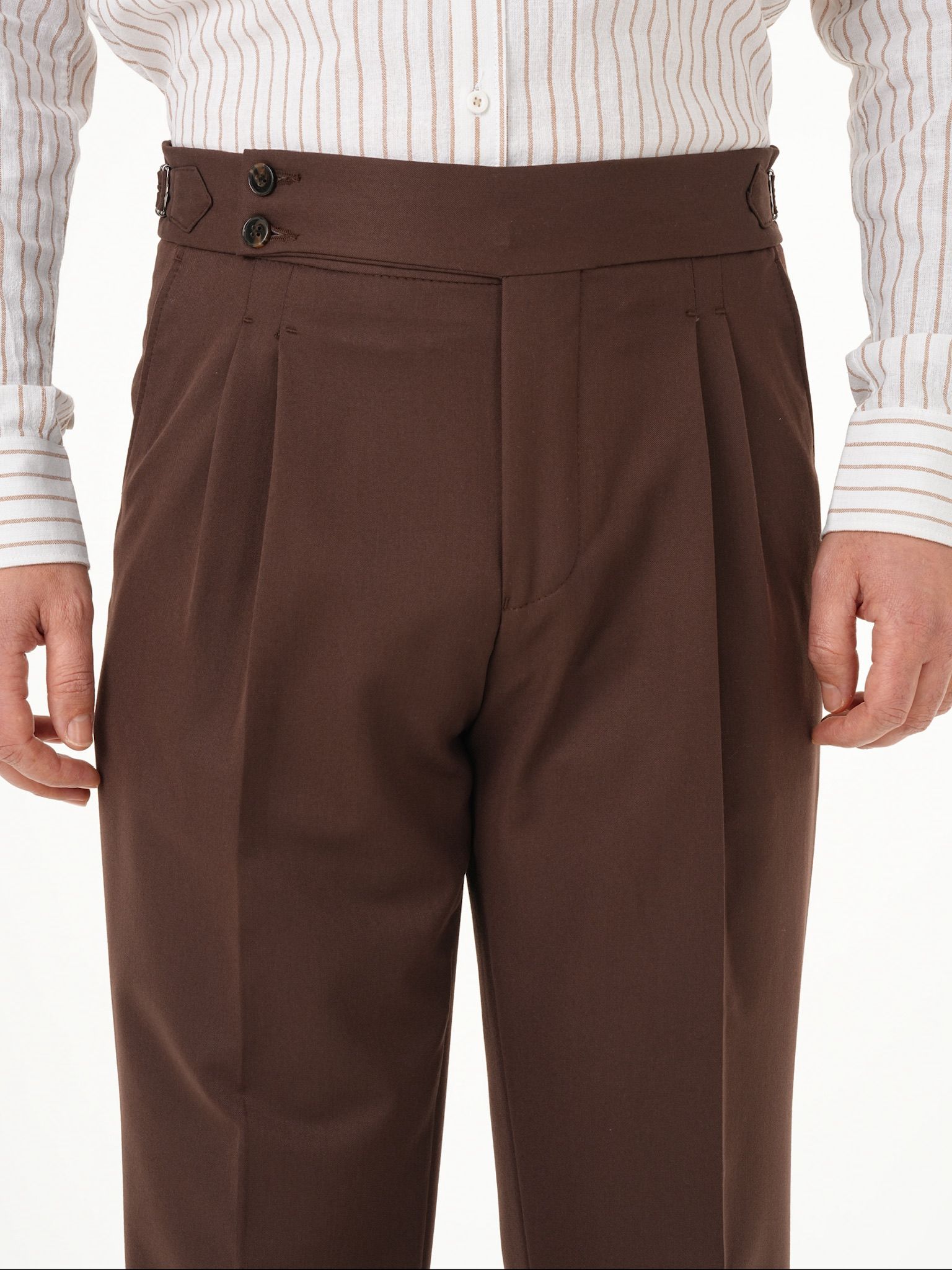 Erkek Regular Fit Yüksek Bel Piliseli Tokalı Kumaş Pantolon - Acı Kahve