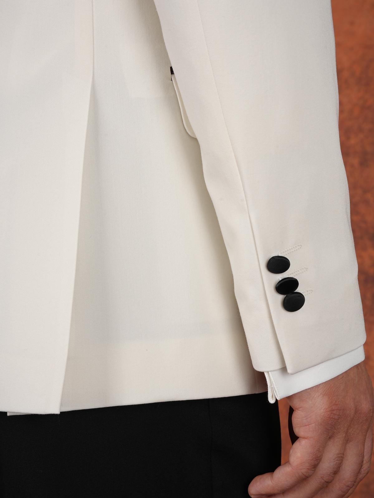 Erkek Premium Slim Fit İtalyan Stil Şal Yaka Gümüş Toka Damatlık Smokin Ceket Pantolon Papyon - Beyaz