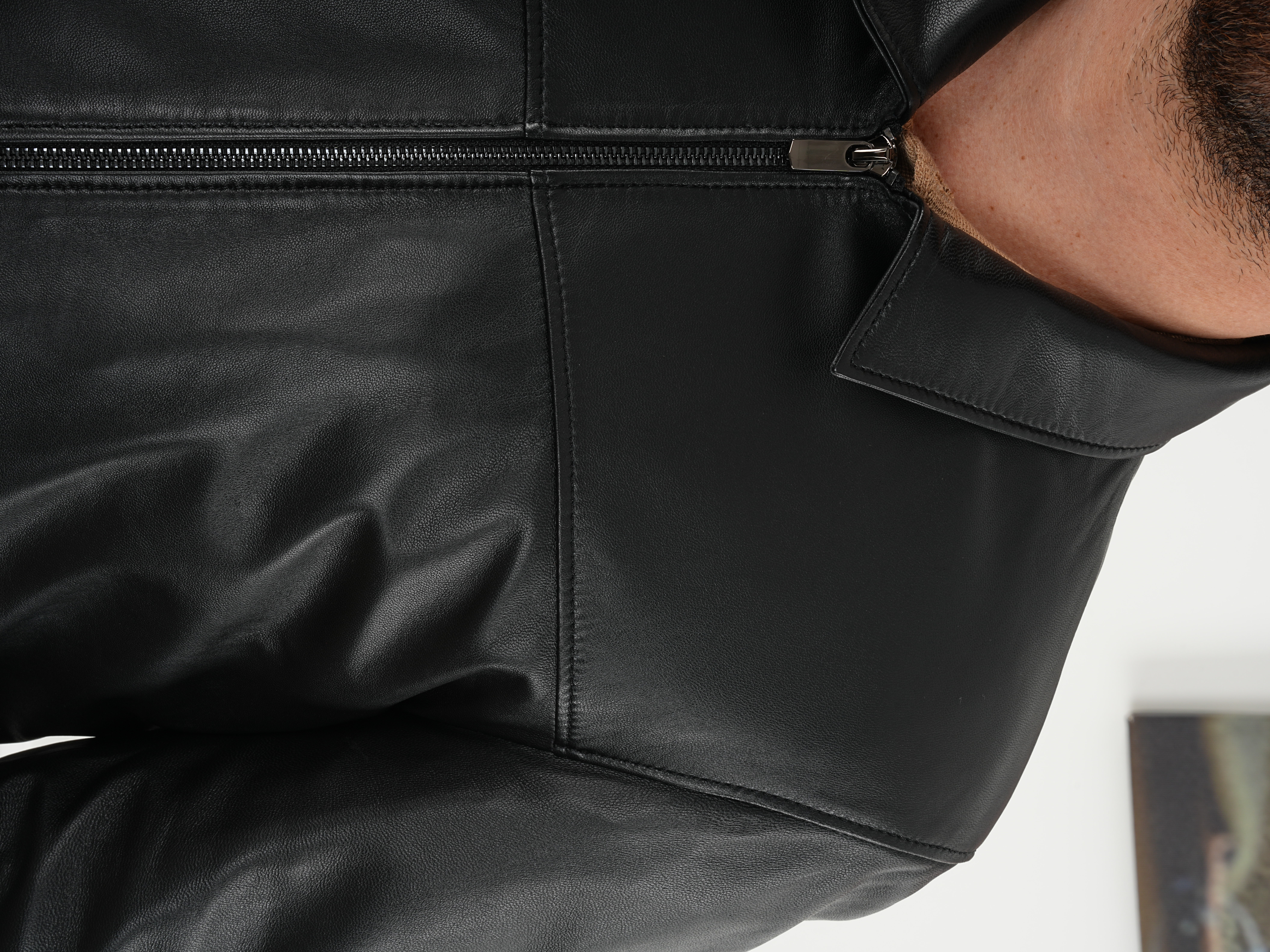 Erkek Slim Fit Fermuarlı Hakiki Naturel Deri Mont - Siyah