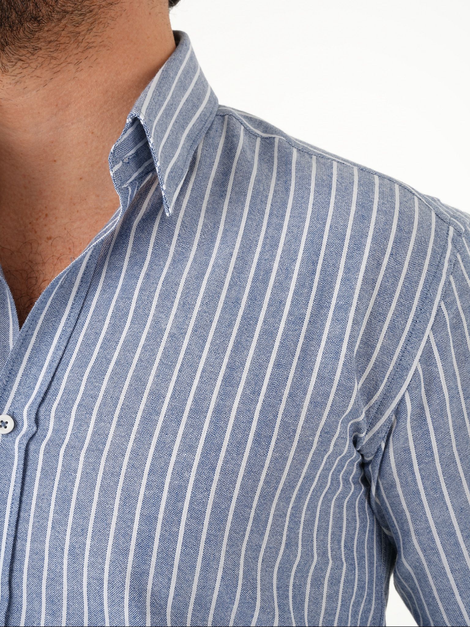 Premium Erkek Regular Fit Çizgili Keten Gömlek - Mavi