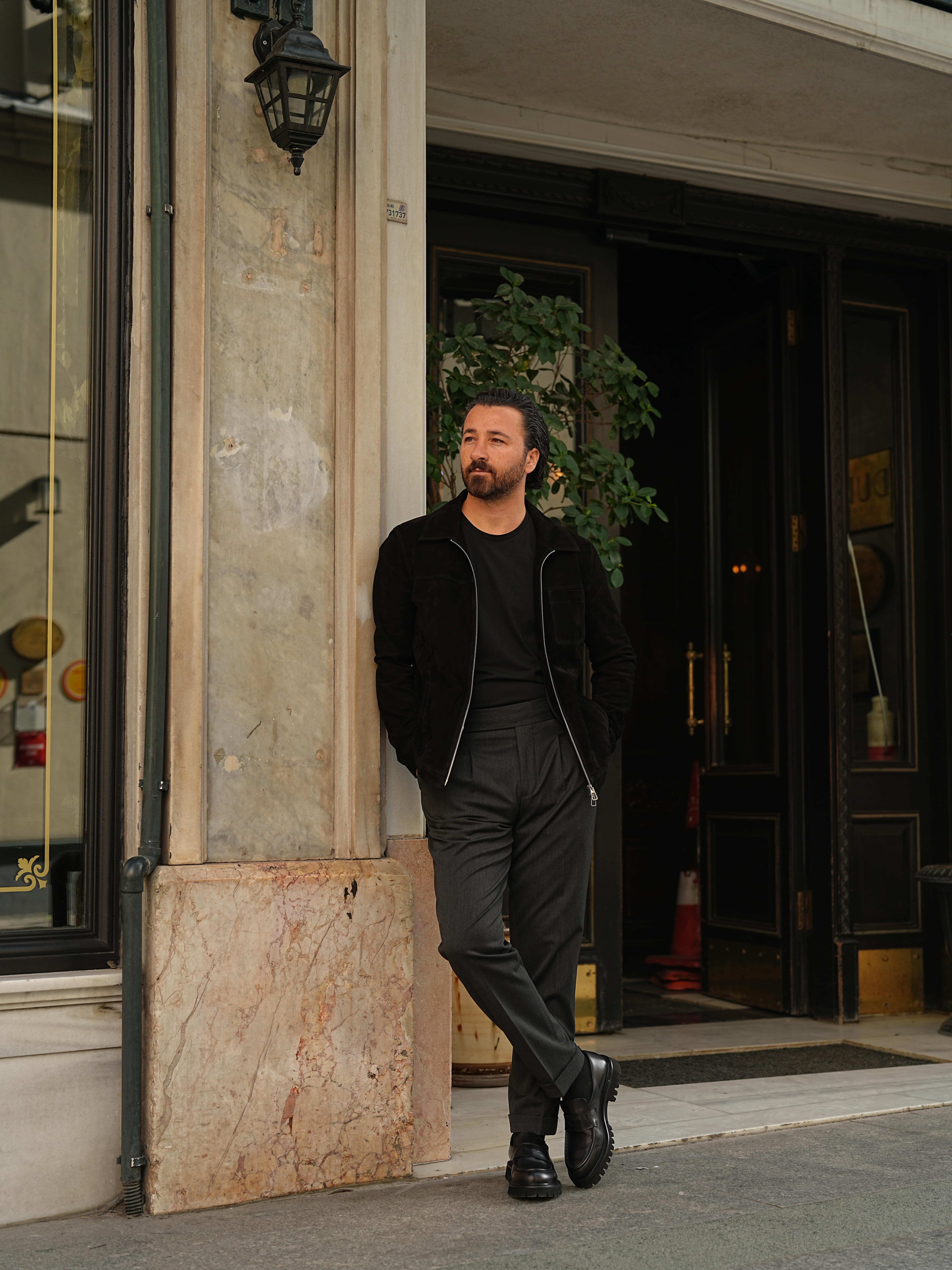 Erkek Slim Fit Fermuarlı Hakiki Deri Mont Ceket - Siyah