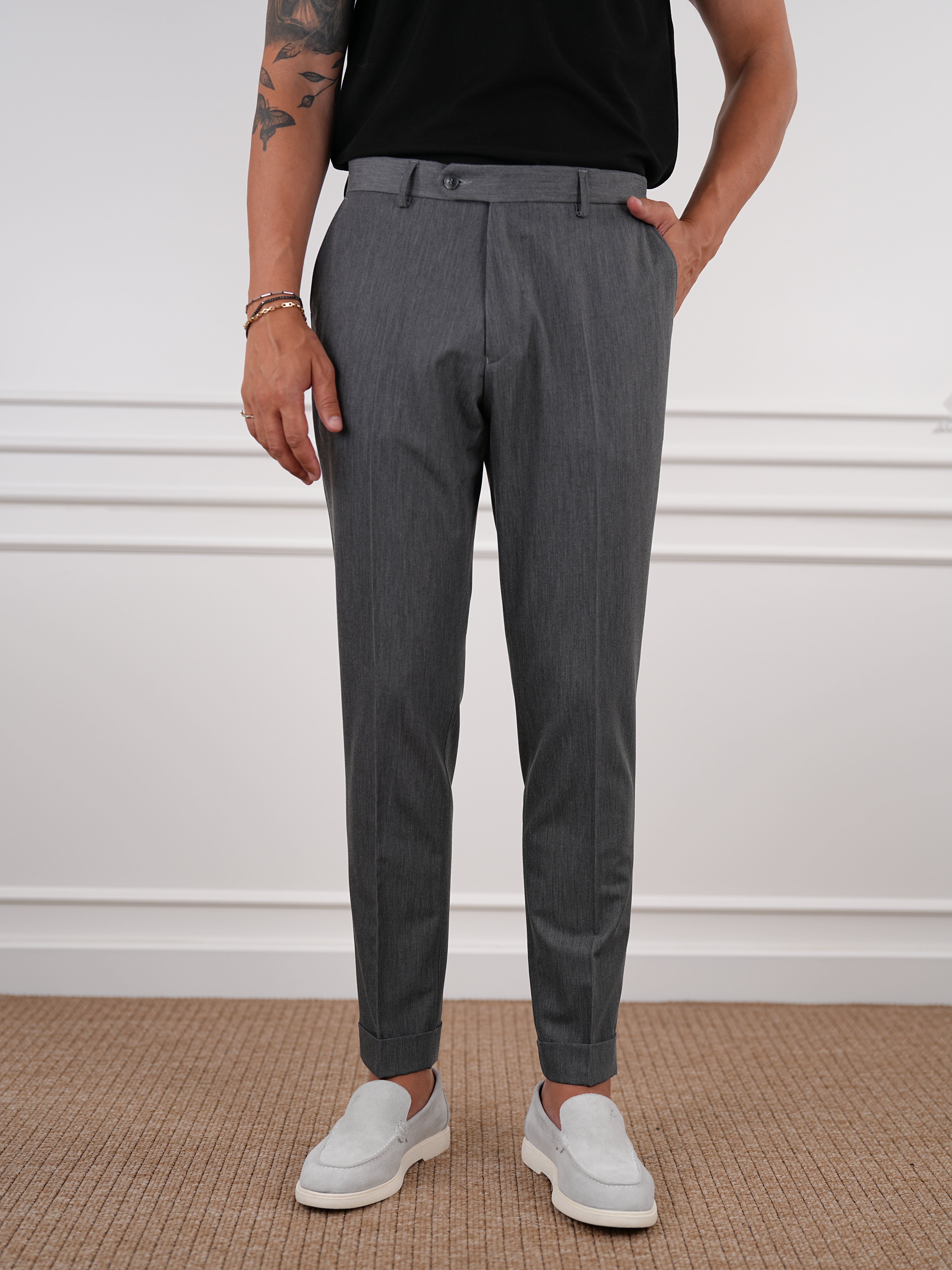 Erkek Slim Fit Yüksek Bel Duble Paça Kumaş Pantolon-Füme
