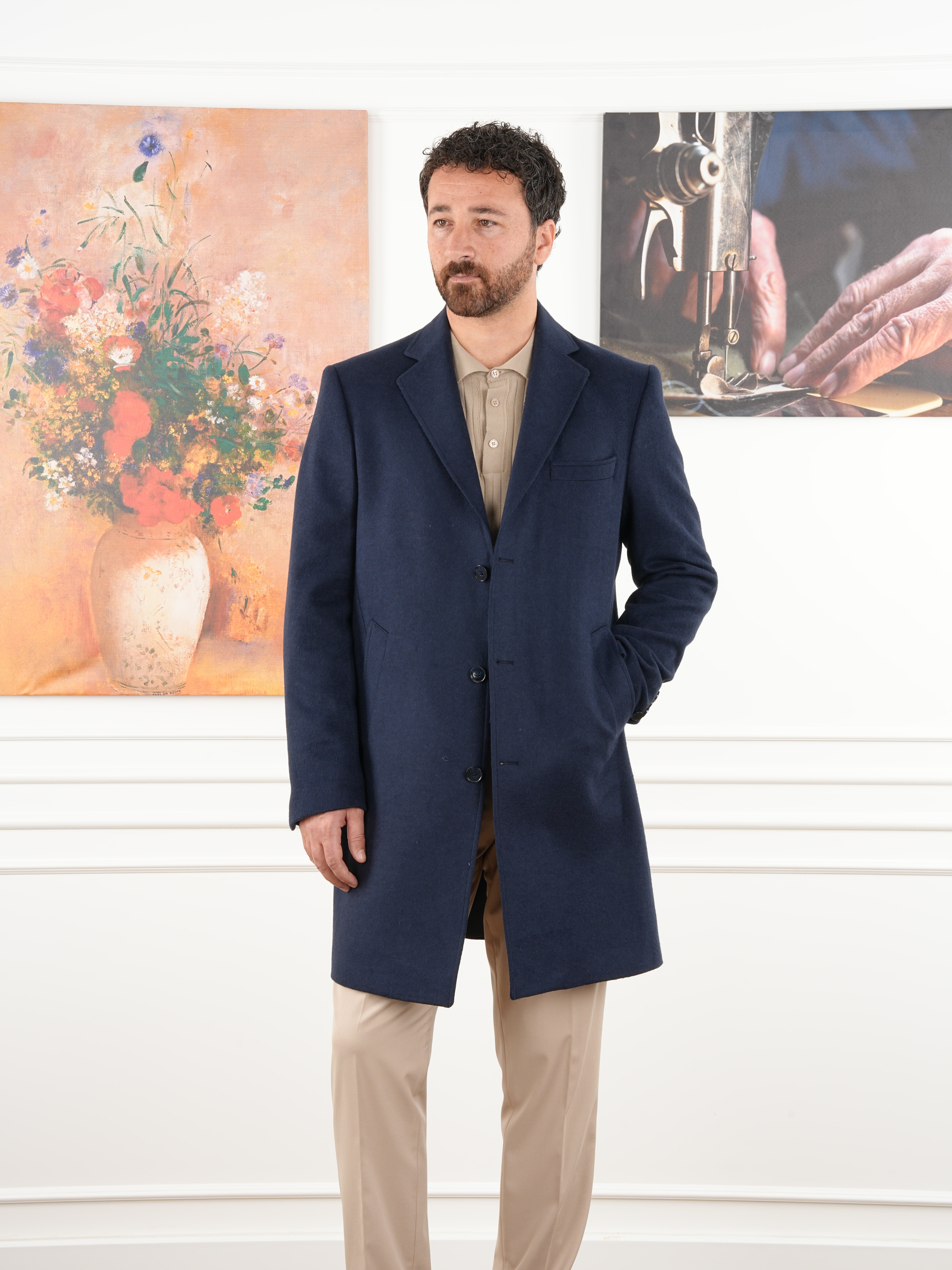 Erkek Premium İtalyan Stil Slim Fit Mono Yaka Kaşe Kaban - Lacivert