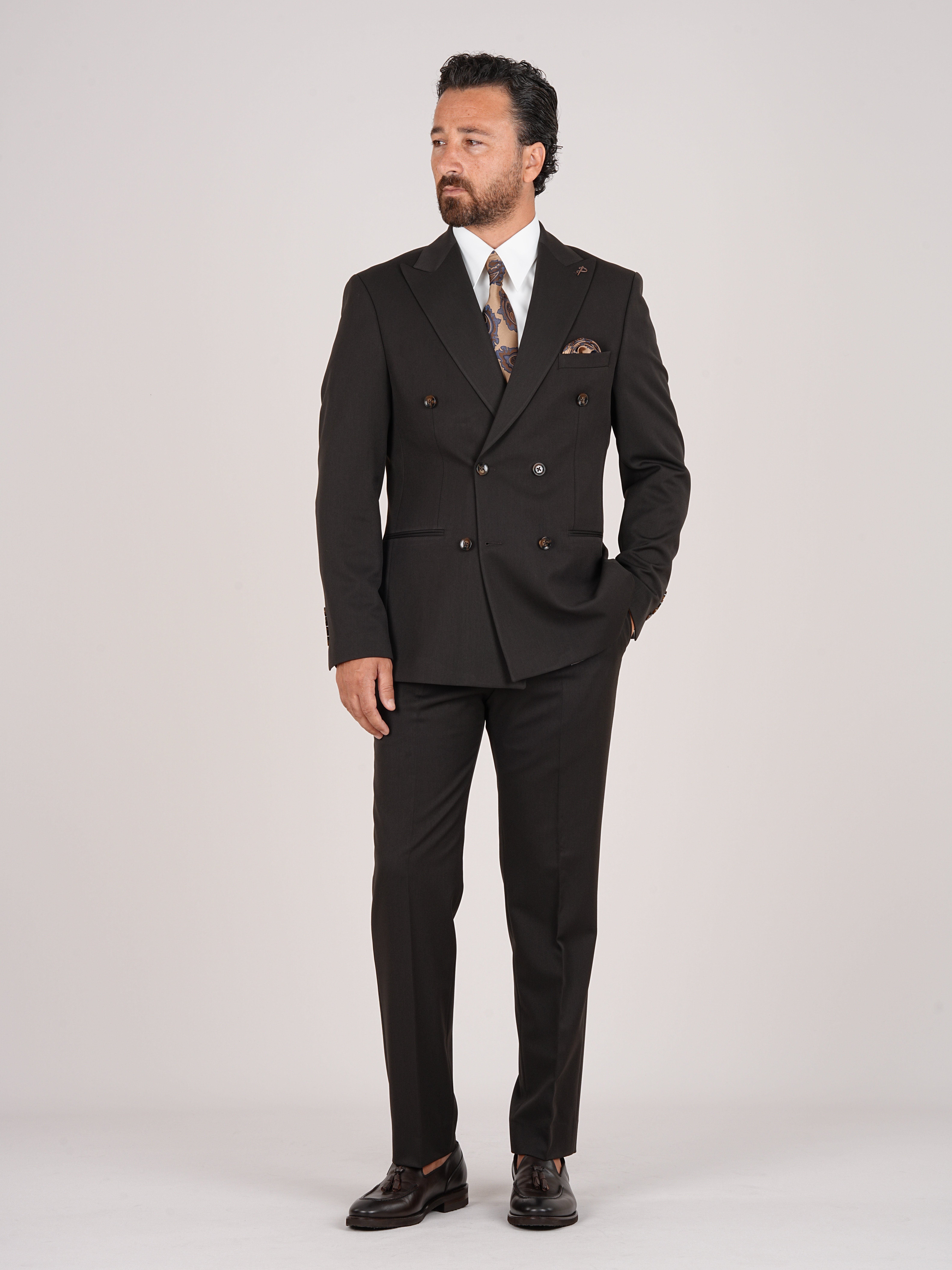 Erkek Kruvaze Takım Elbise Slim Fit İtalyan Stil Ceket Pantolon - Acı Kahve
