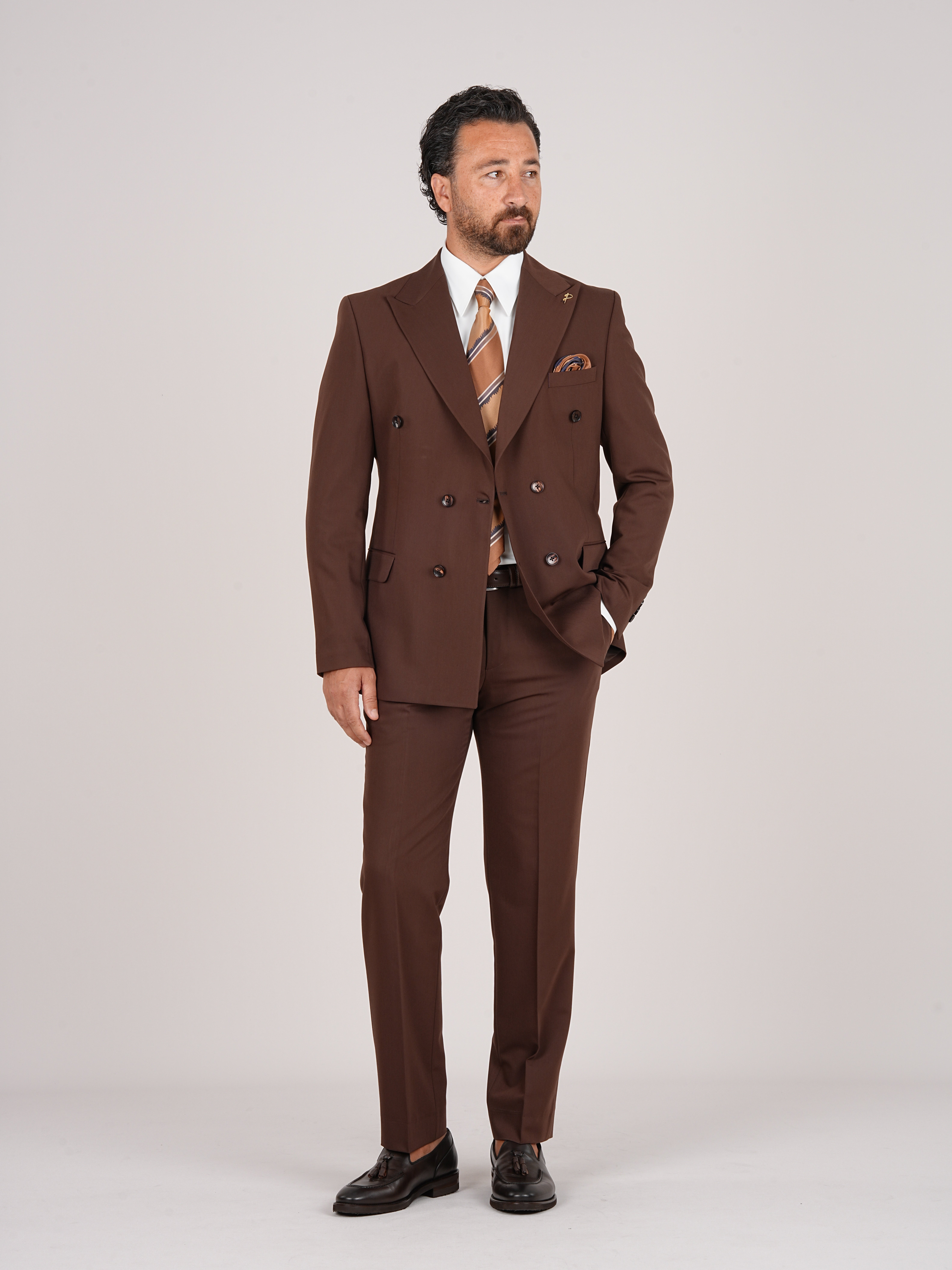 Premium Mens Double-Breasted italian Slim-Fit Suit Jacket & Trousers - Brown