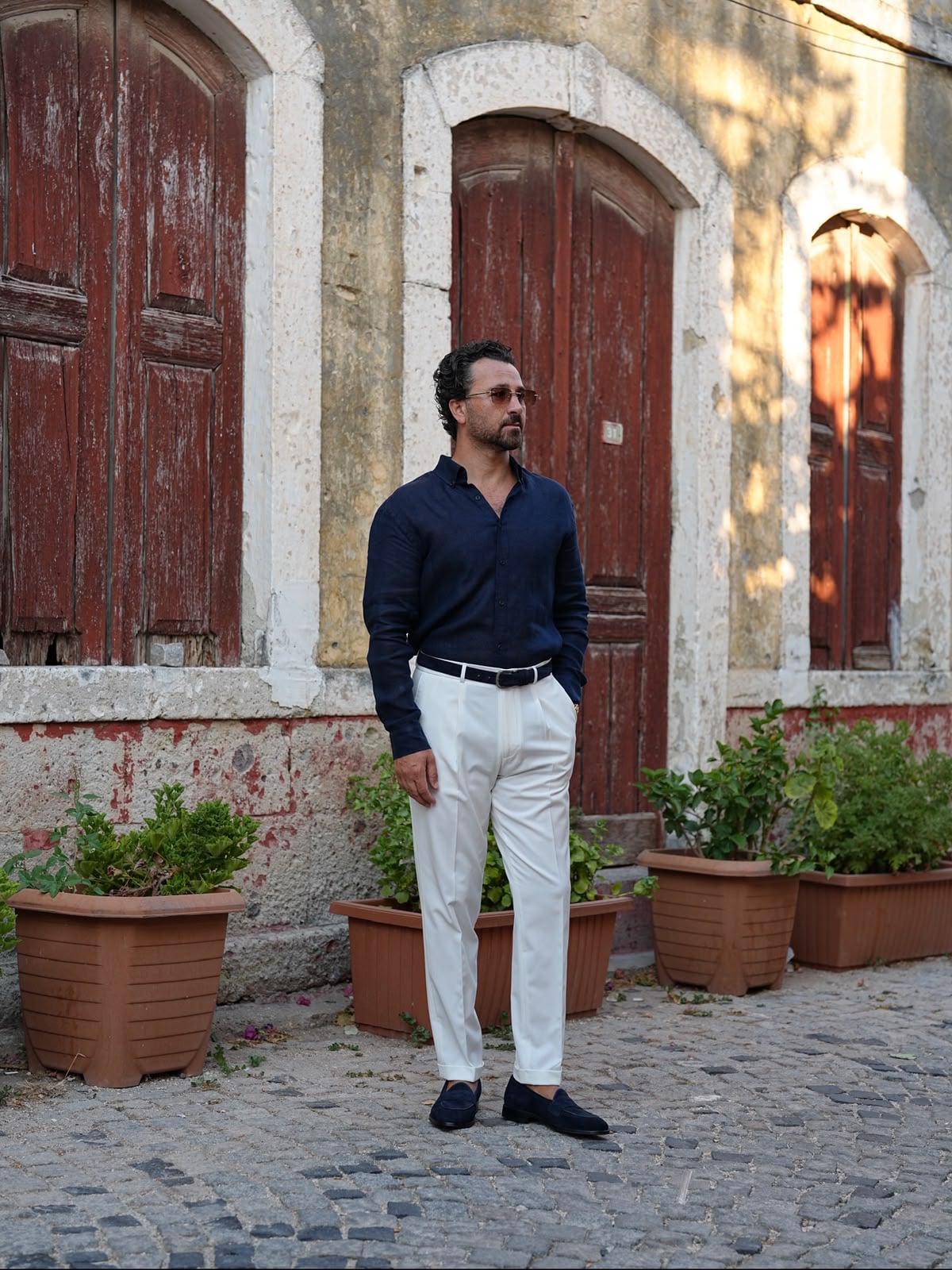 PAREZ Keten Gömlek Modern Fit Yaka Düğmeli - Lacivert