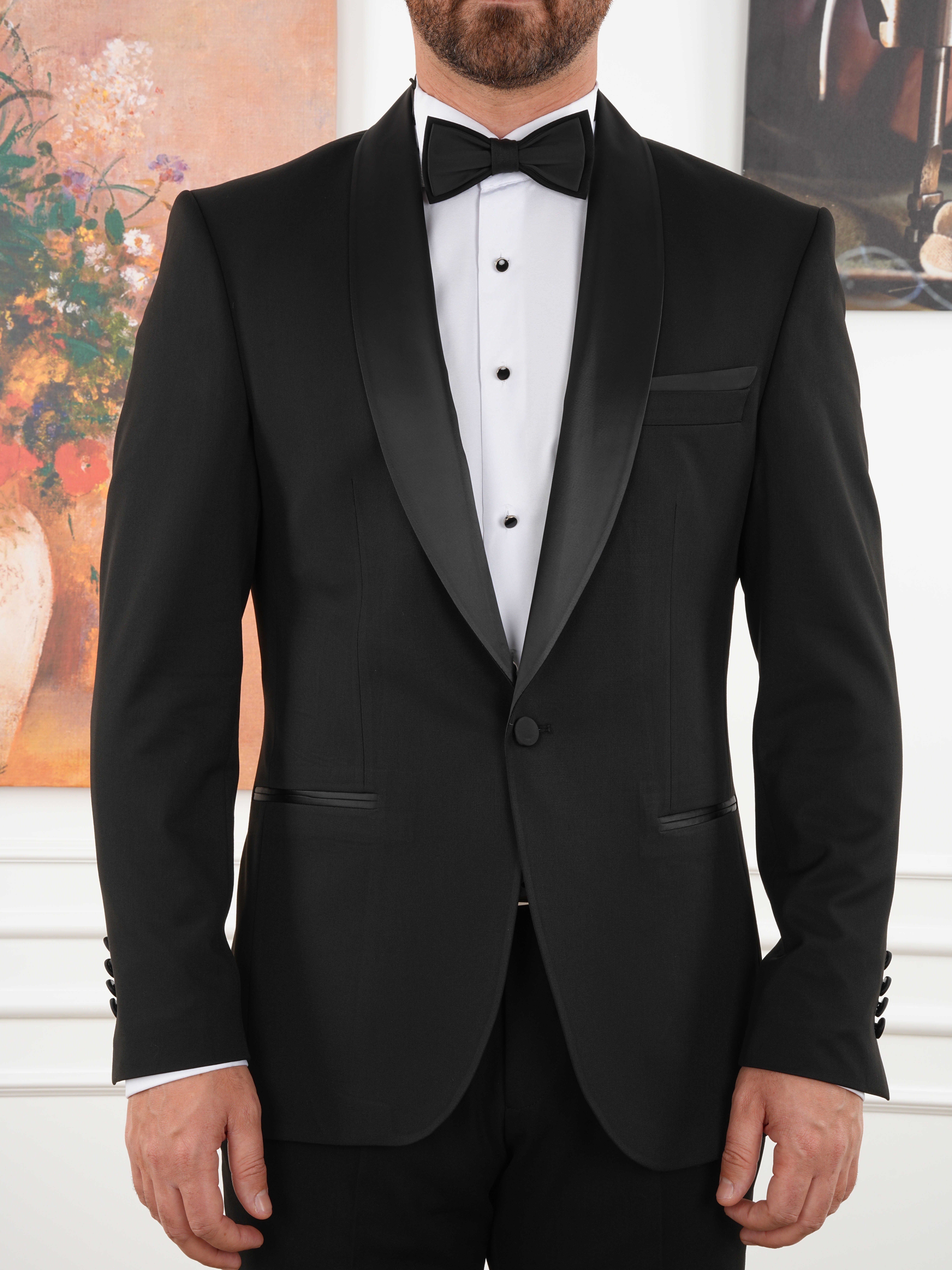 Erkek Luxury Smokin Damatlık Tek Düğme İtalyan İtalyan Stil Ceket Pantolon Papyon-Siyah - Siyah