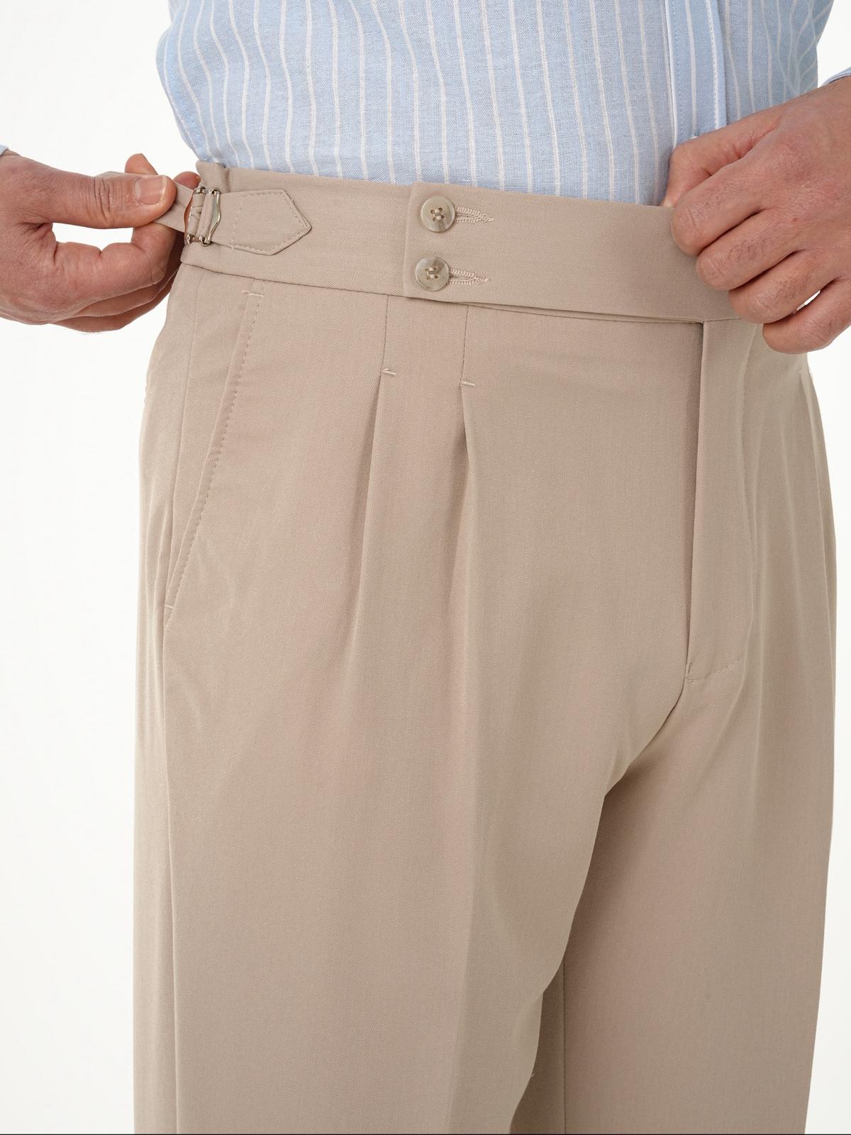 Erkek Regular Fit Yüksek Bel Piliseli Tokalı Kumaş Pantolon - Krem