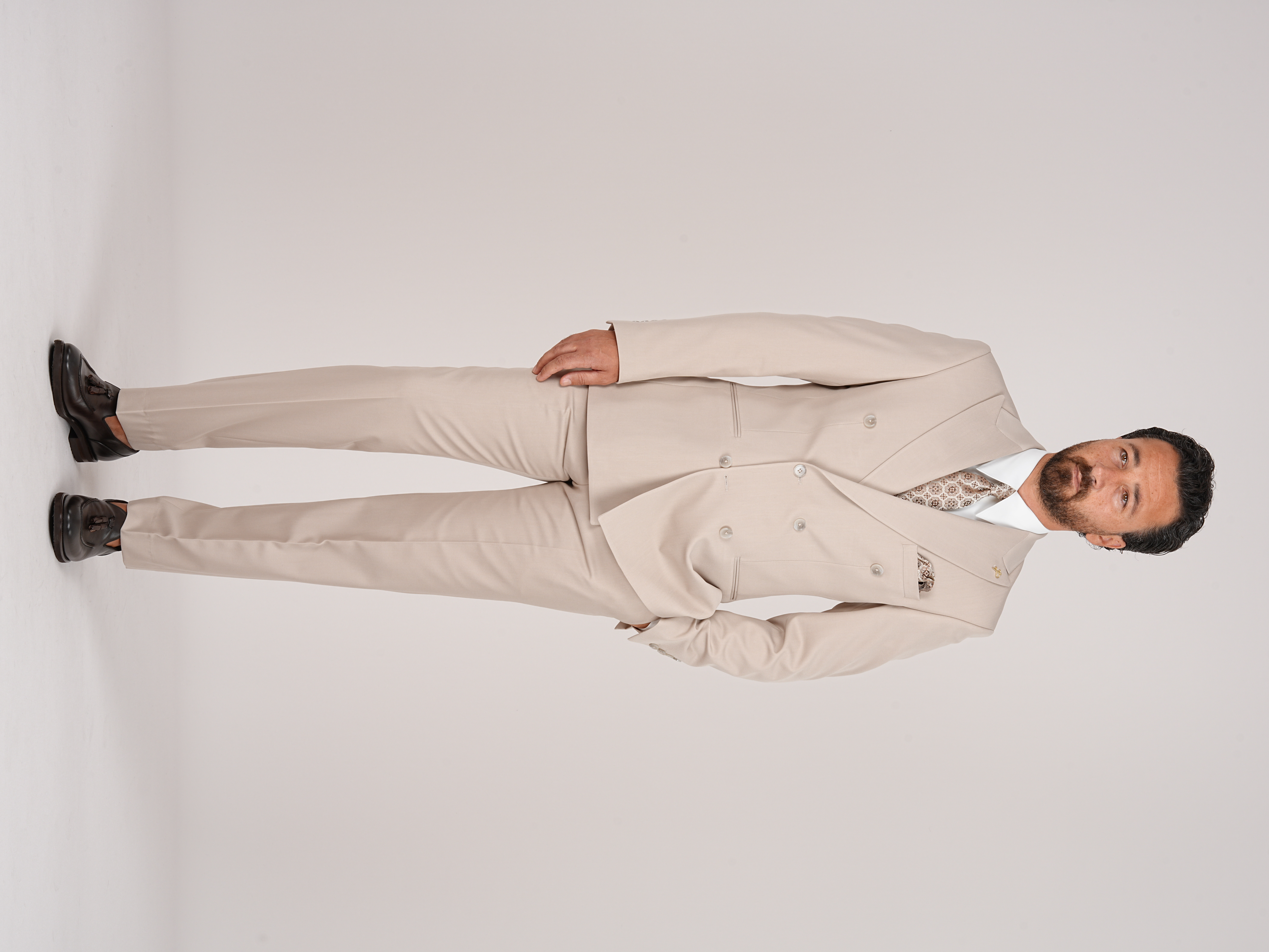 Erkek Kruvaze Takım Elbise Slim Fit İtalyan Stil Ceket Pantolon - Bej