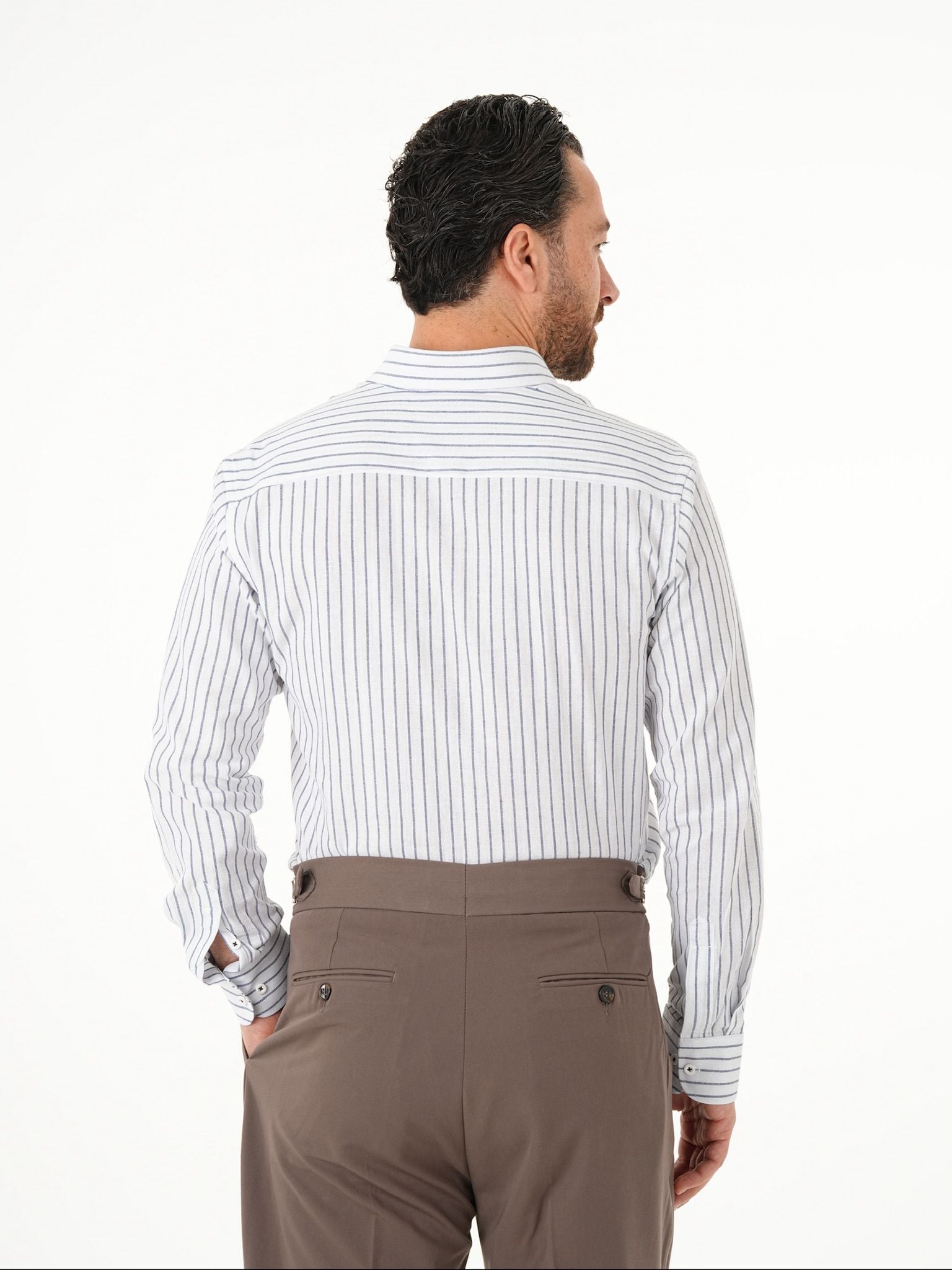 Erkek Premium Regular Fit Çizgili Keten Gömlek - Lacivert