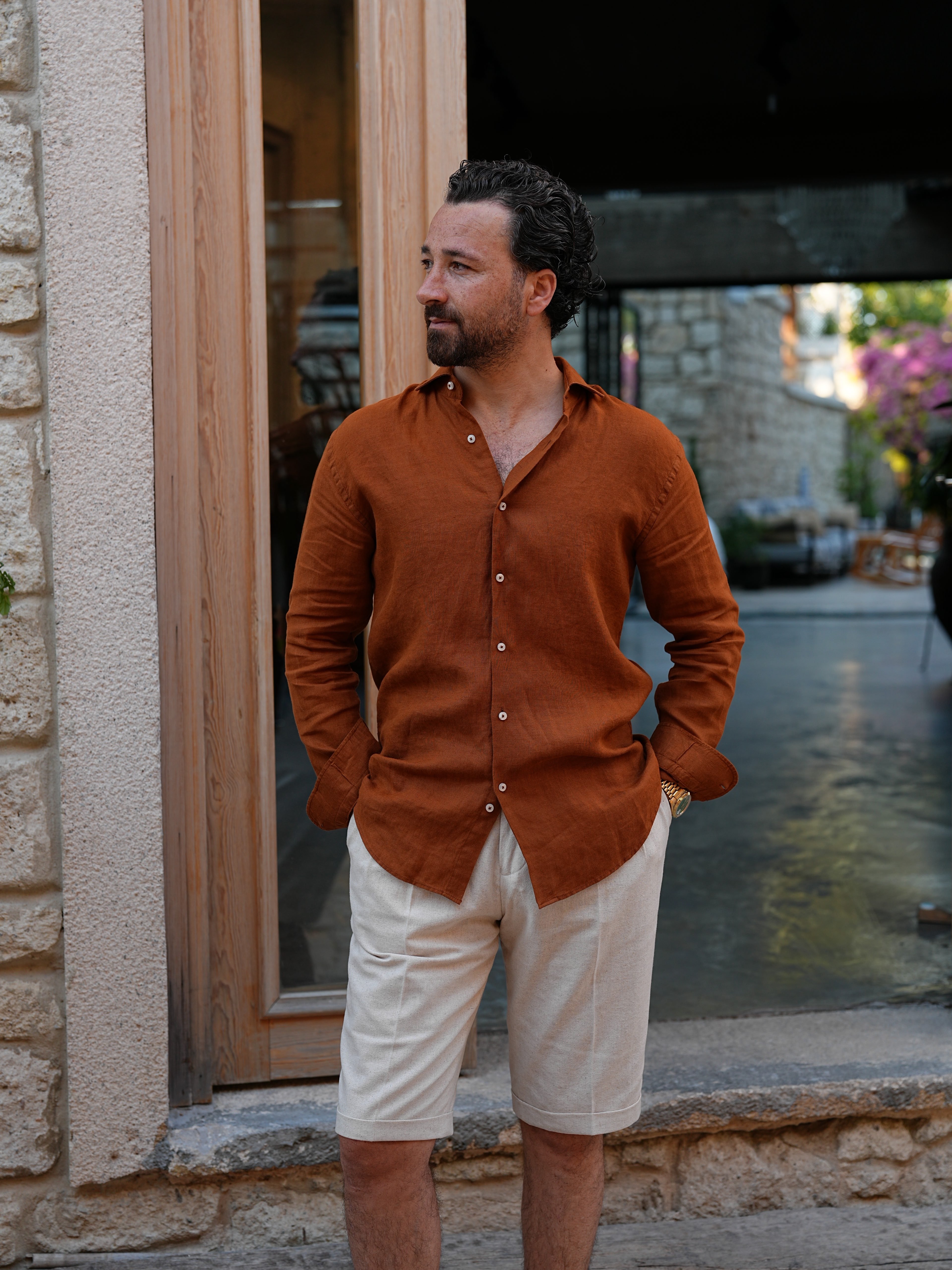 PAREZ Keten Gömlek Modern Fit - Kahve