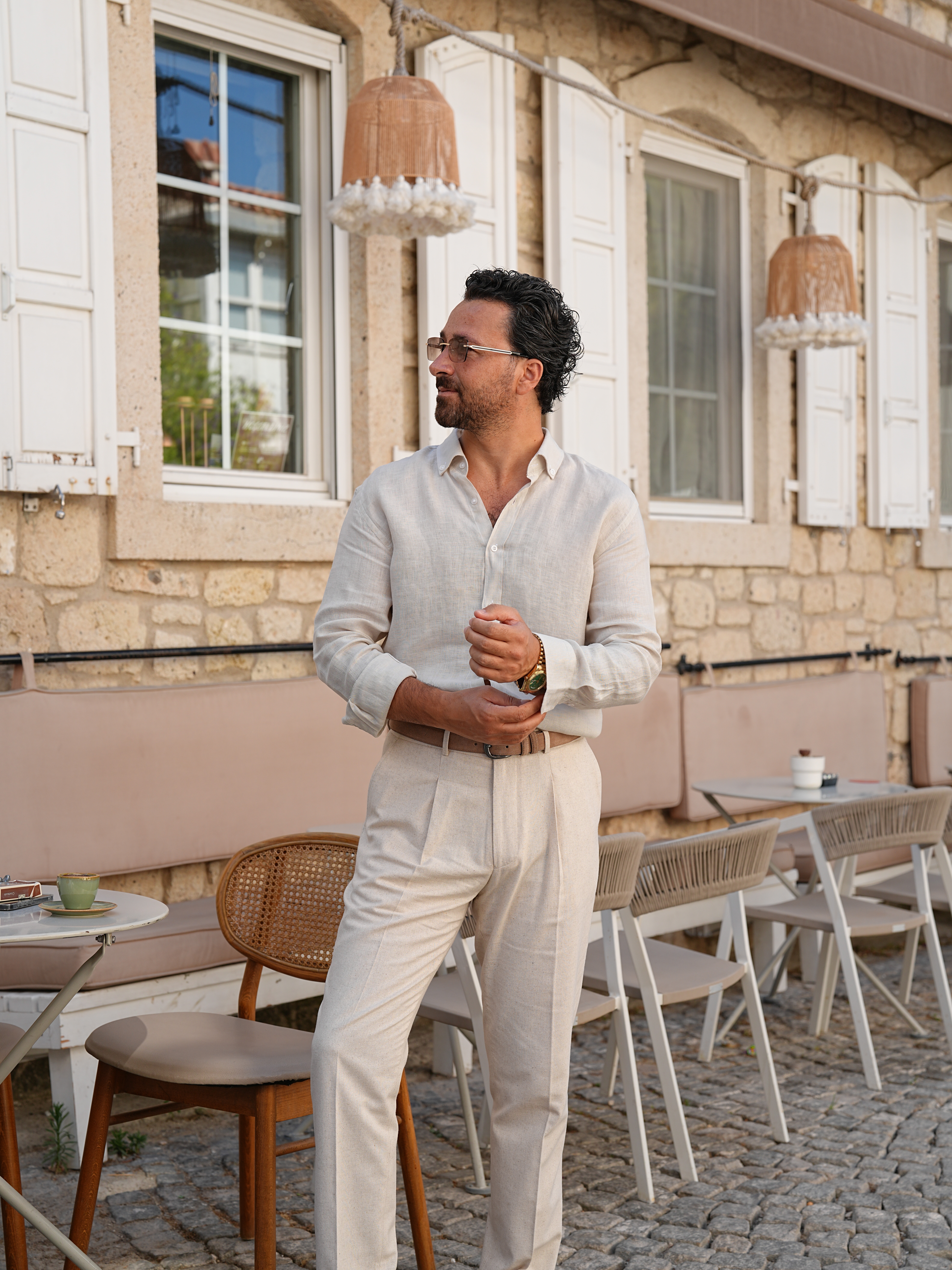 PAREZ Keten Gömlek Modern Fit Yaka Düğmeli - Bej