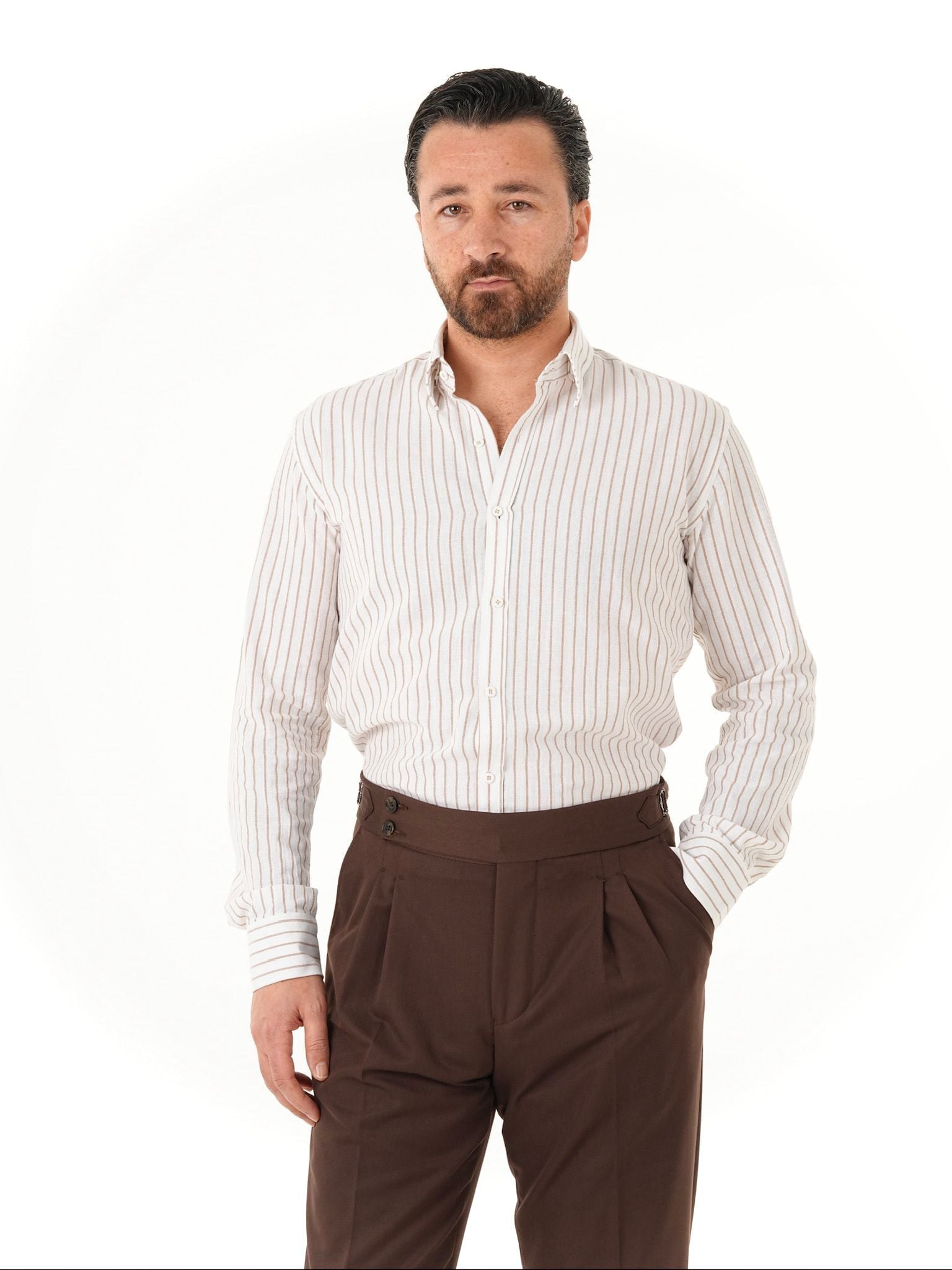 Erkek Premium Regular Fit Çizgili Keten Gömlek - Kahve