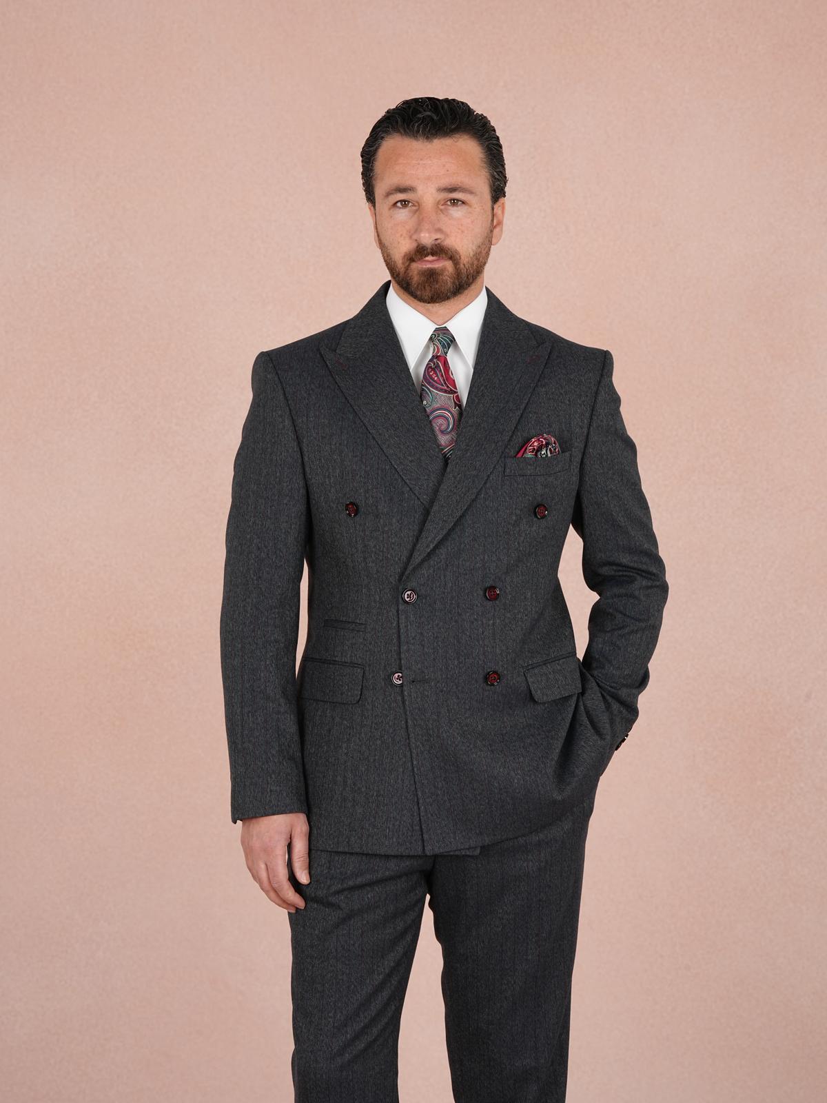 Premium Erkek ı Kruvaze Takım Elbise Slim Fit İtalyan Stil Punto Dikişli Ceket Pantolon - Koyu Lacivert