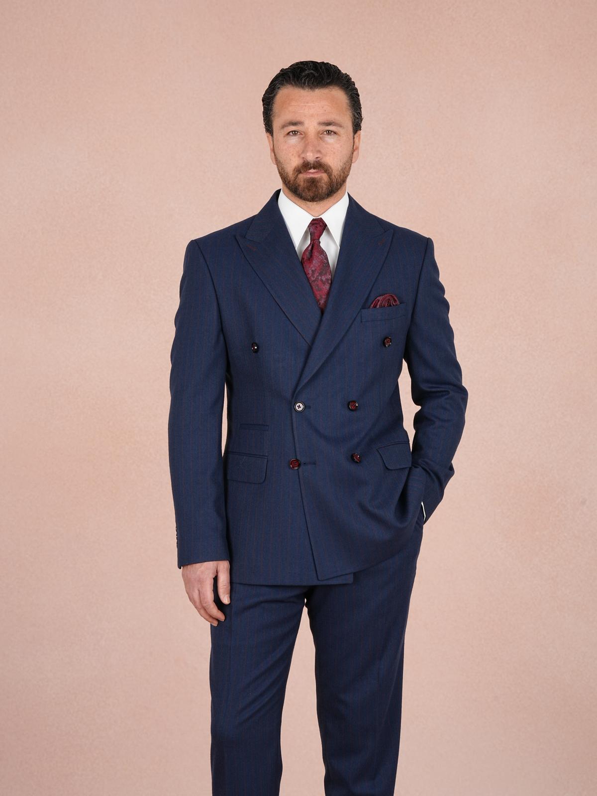 Premium Erkek ı Kruvaze Takım Elbise Slim Fit İtalyan Stil Punto Dikişli Ceket Pantolon - Lacivert