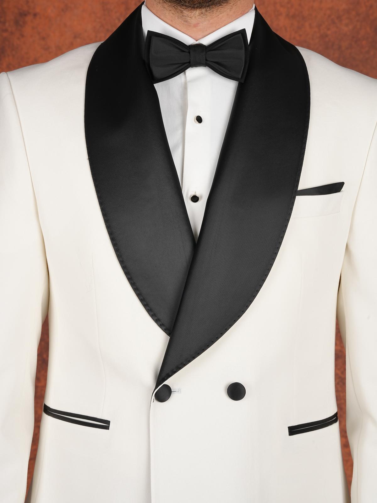 Erkek Premium Slim Fit İtalyan Stil Şal Yaka Damatlık Smokin Ceket Pantolon Papyon - Beyaz