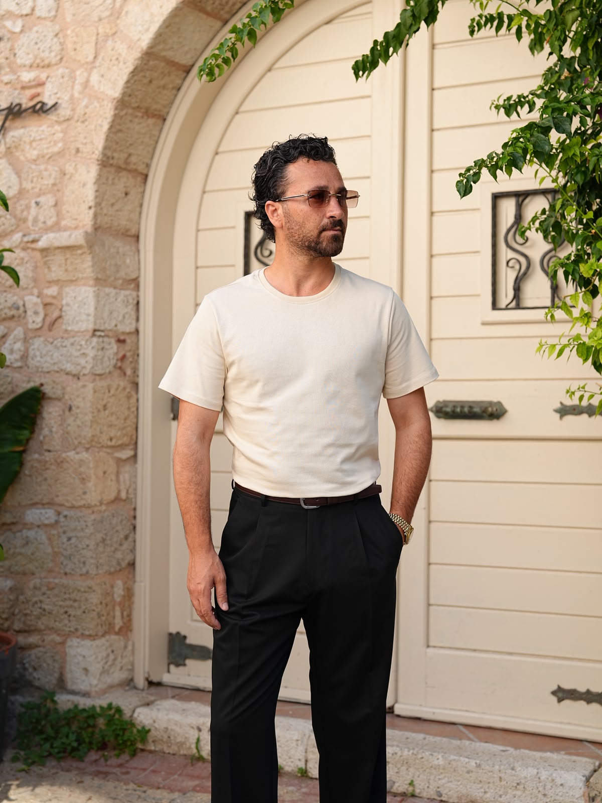 Erkek Beyaz Pamuk Slim Fit Dar Kesim Bisiklet Yaka Basic Tişört - Bej