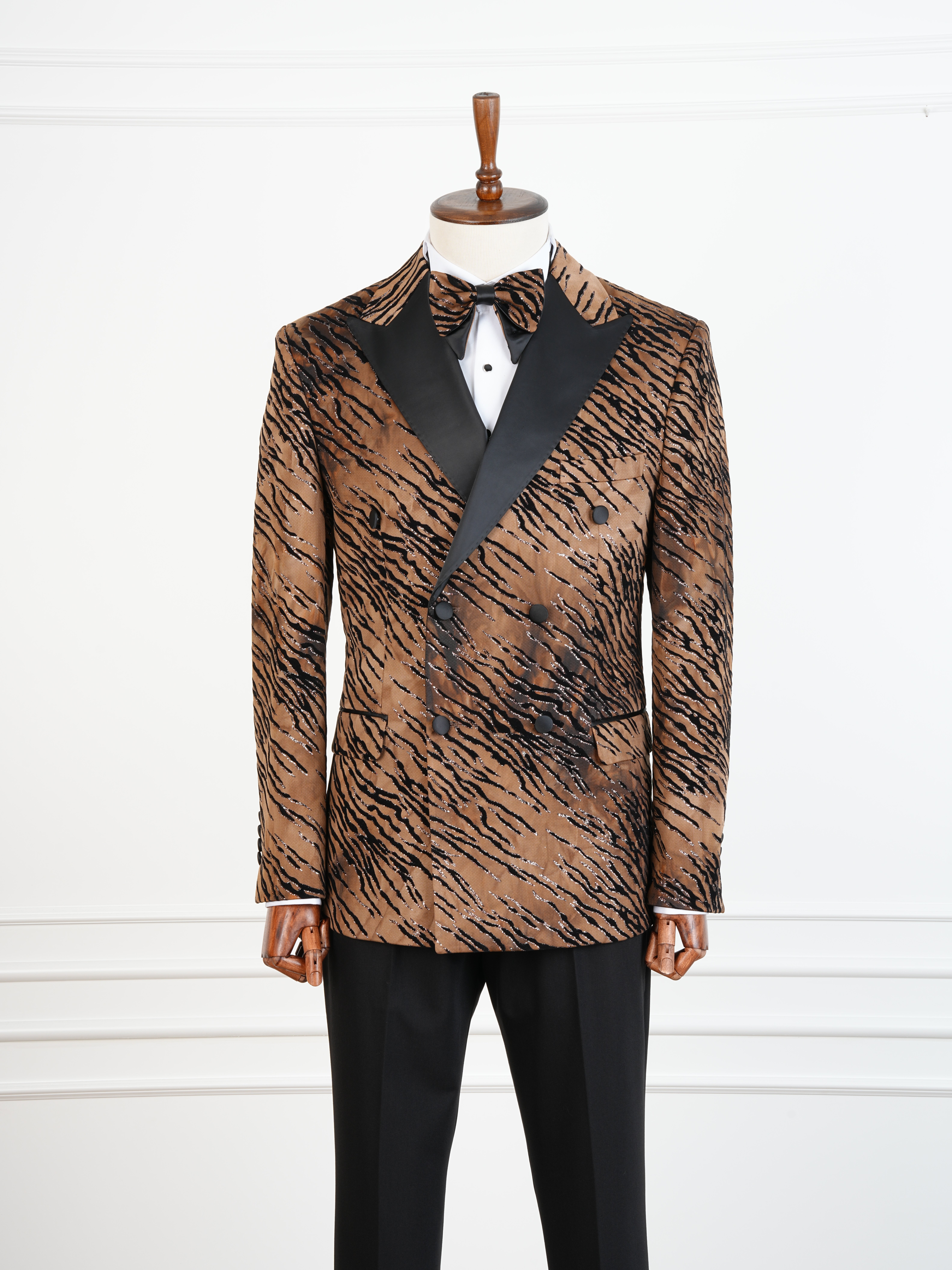 Erkek Slim Fit İtalyan Stil Desenli Damatlık Smokin - Kahve