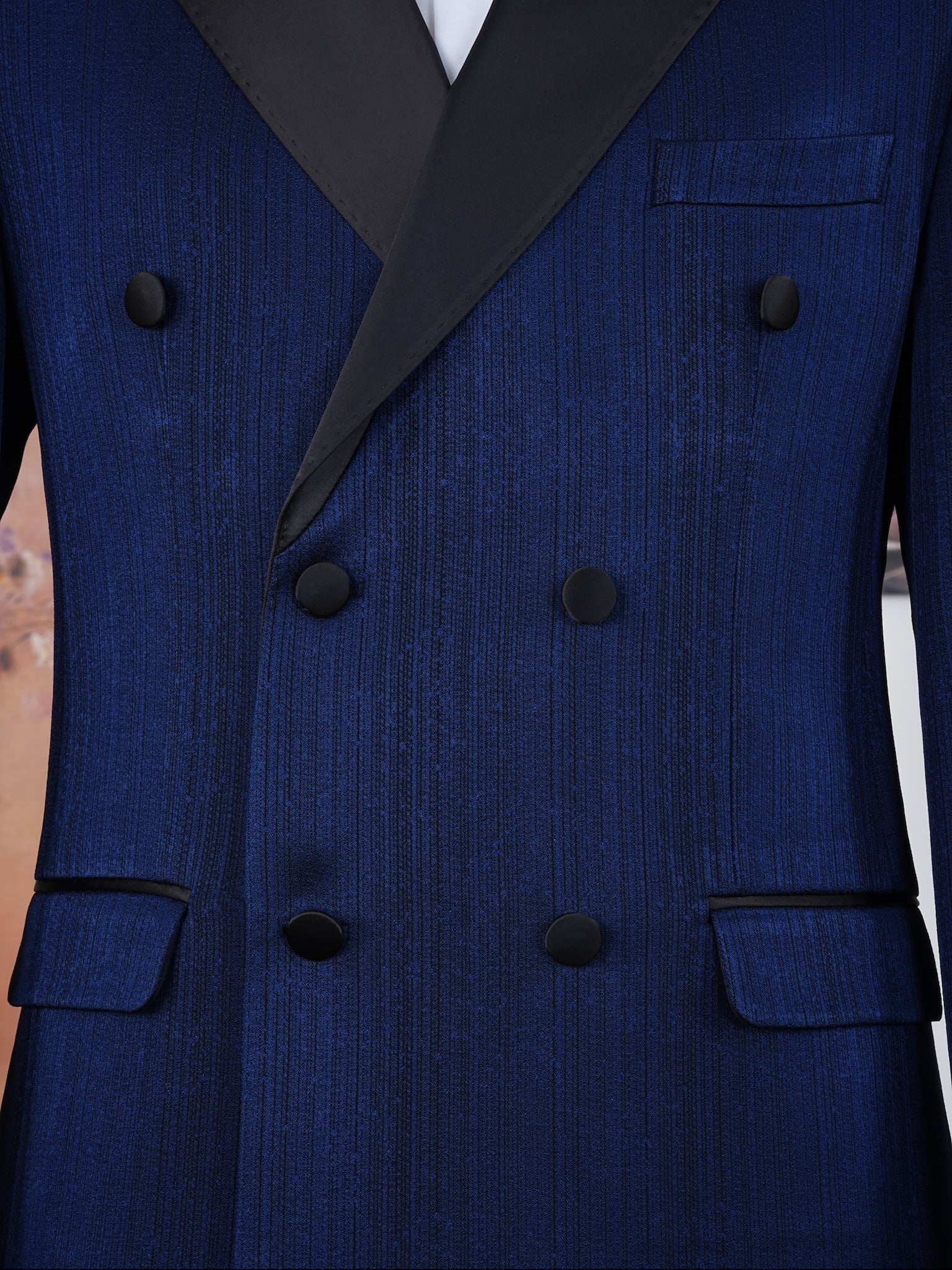 Erkek Slim Fit İtalyan Stil Kendinden Desenli Kruvaze Smokin Damatlık - Lacivert