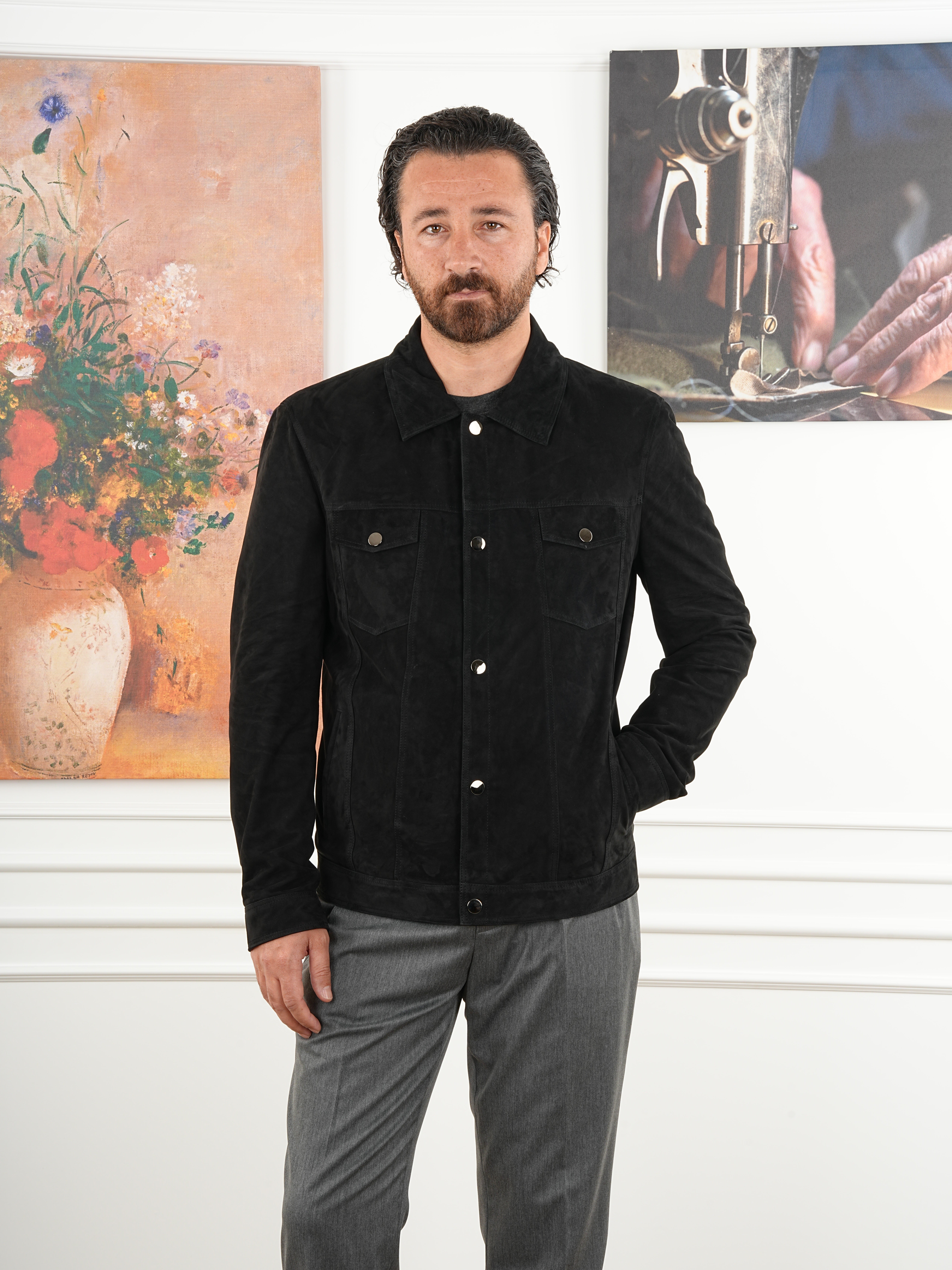 Erkek Slim Fit Çıt Çıtlı Hakiki Süet Deri Mont Ceket - Siyah