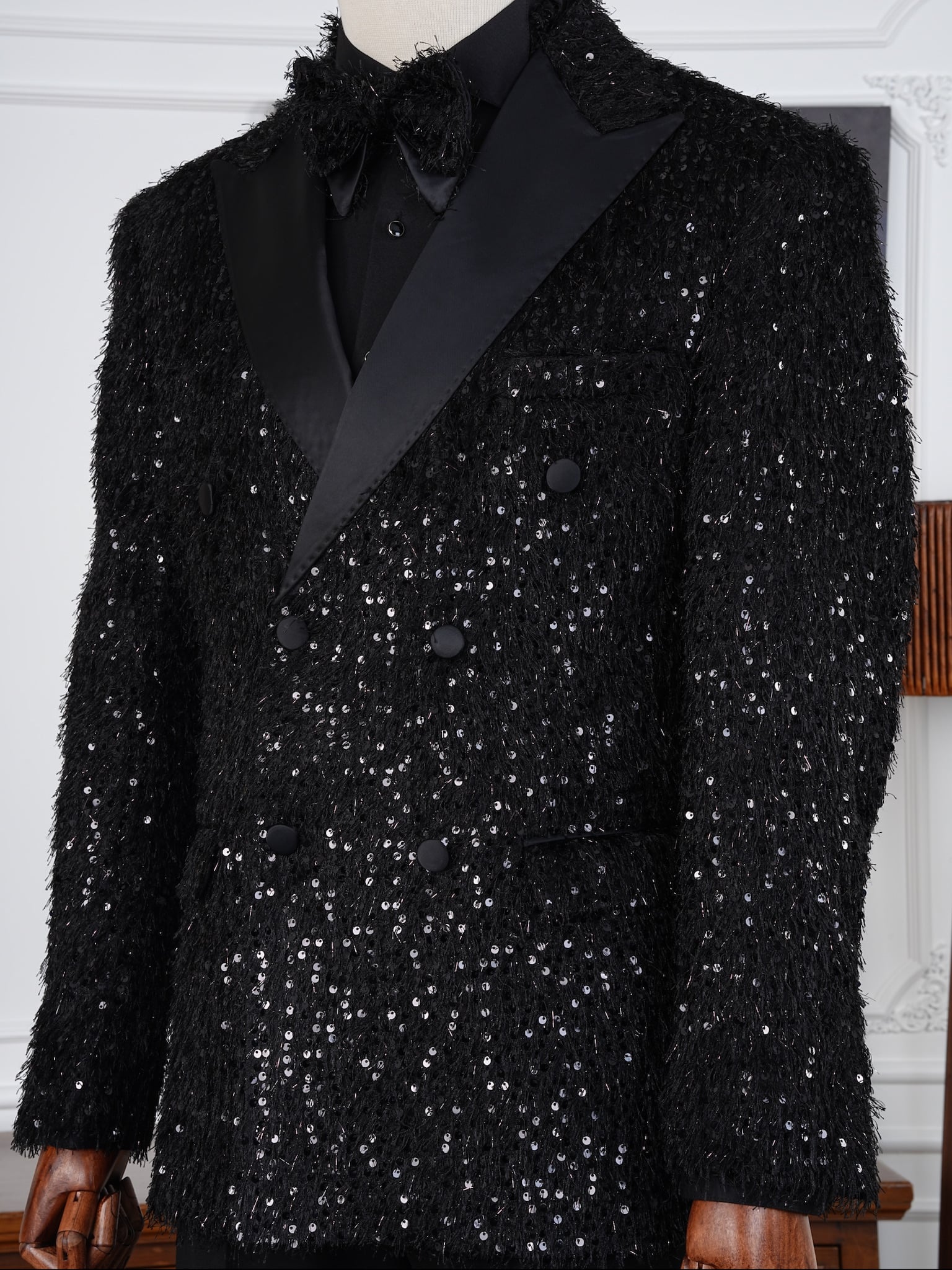 Erkek Slim Fit İtalyan Stil Kruvaze Smokin Damatlık Ceket Pantolon - Siyah