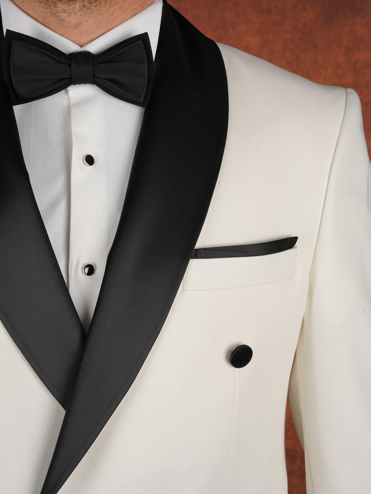 Erkek Premium Slim Fit İtalyan Stil  Damatlık Smokin Ceket Pantolon Papyon - Beyaz