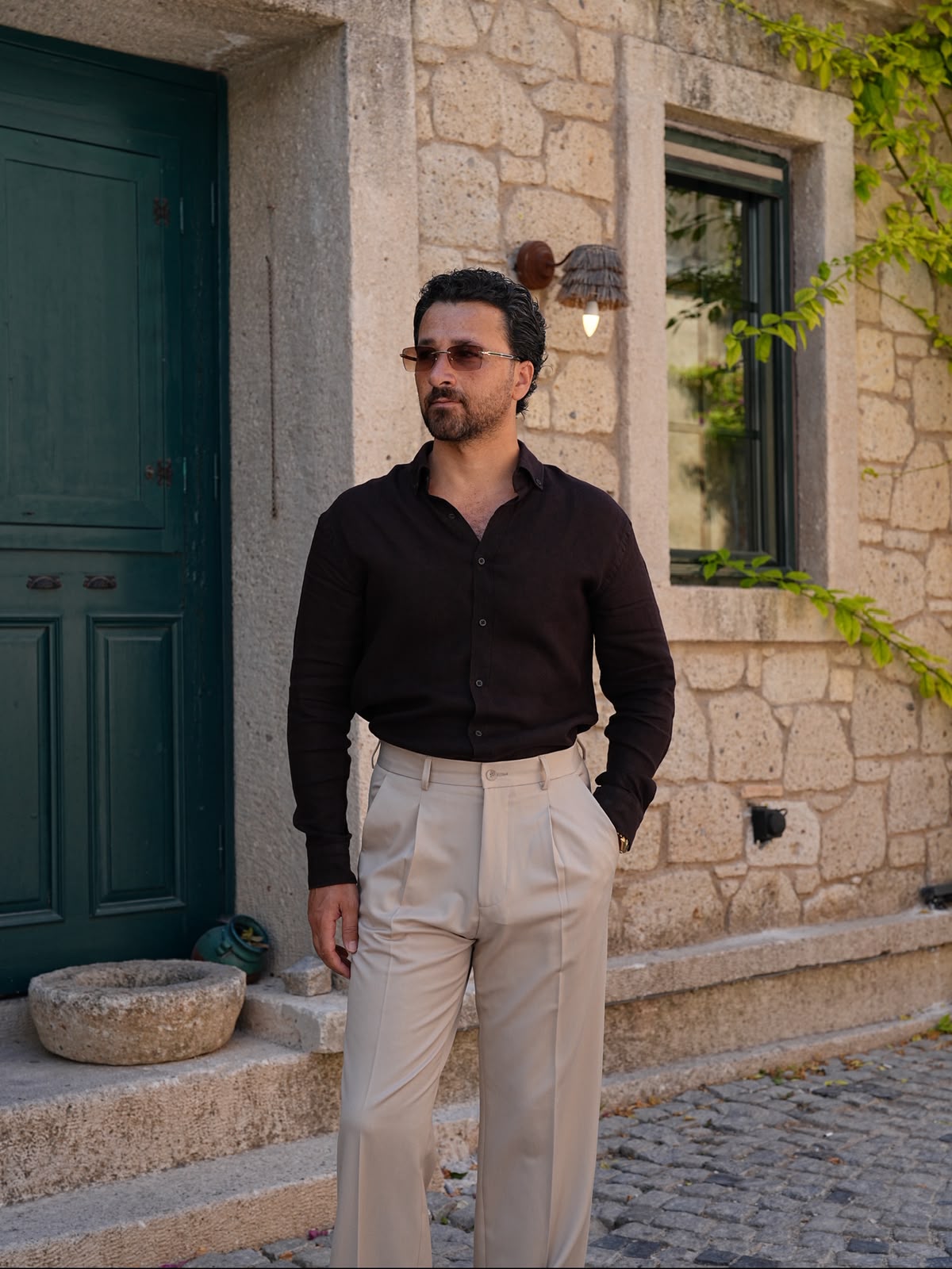 PAREZ Keten Gömlek Modern Fit Yaka Düğmeli - Acı Kahve