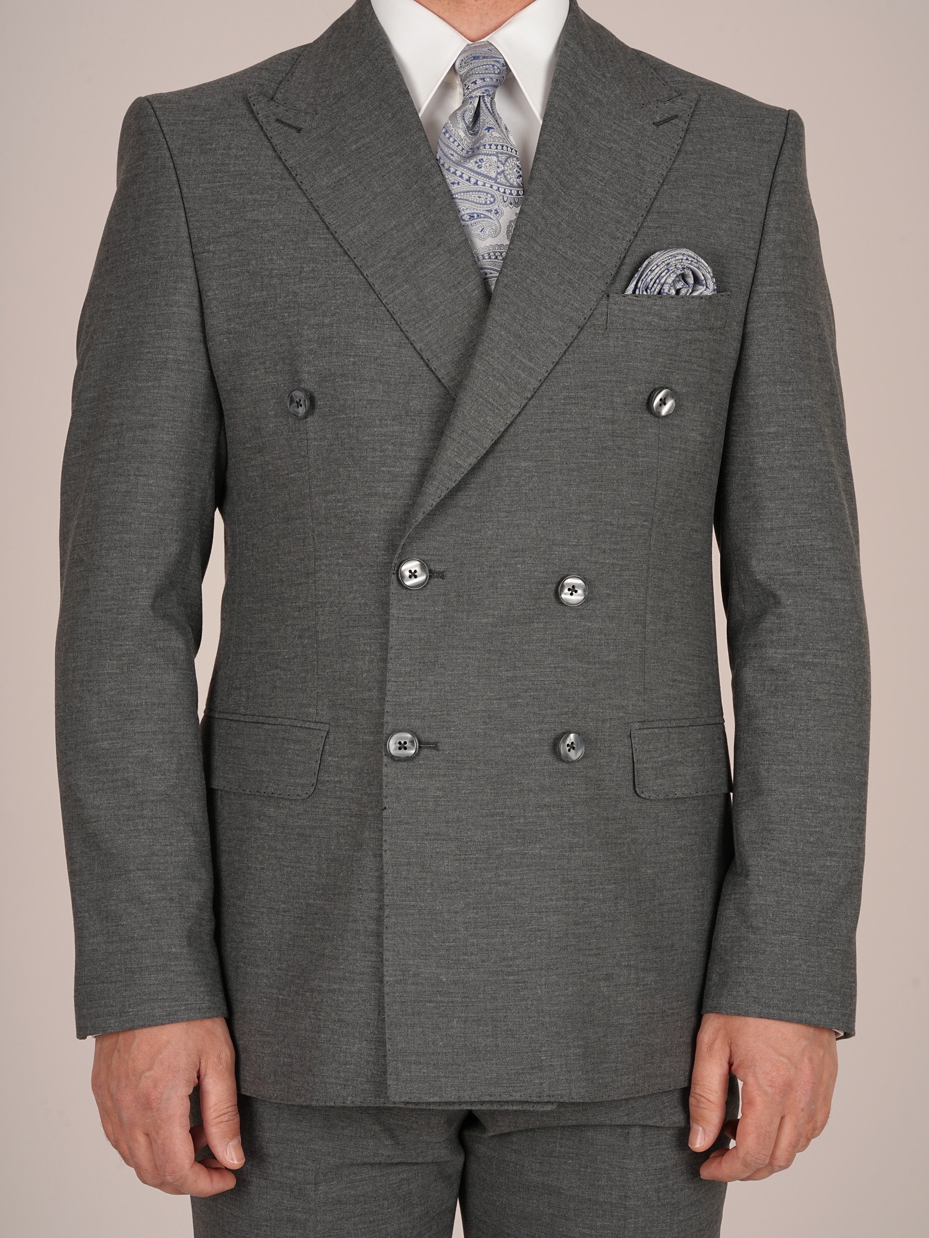 Erkek Slim Fit İtalyan Stil Kruvaze Takım Elbise Ceket Pantolon - Gri