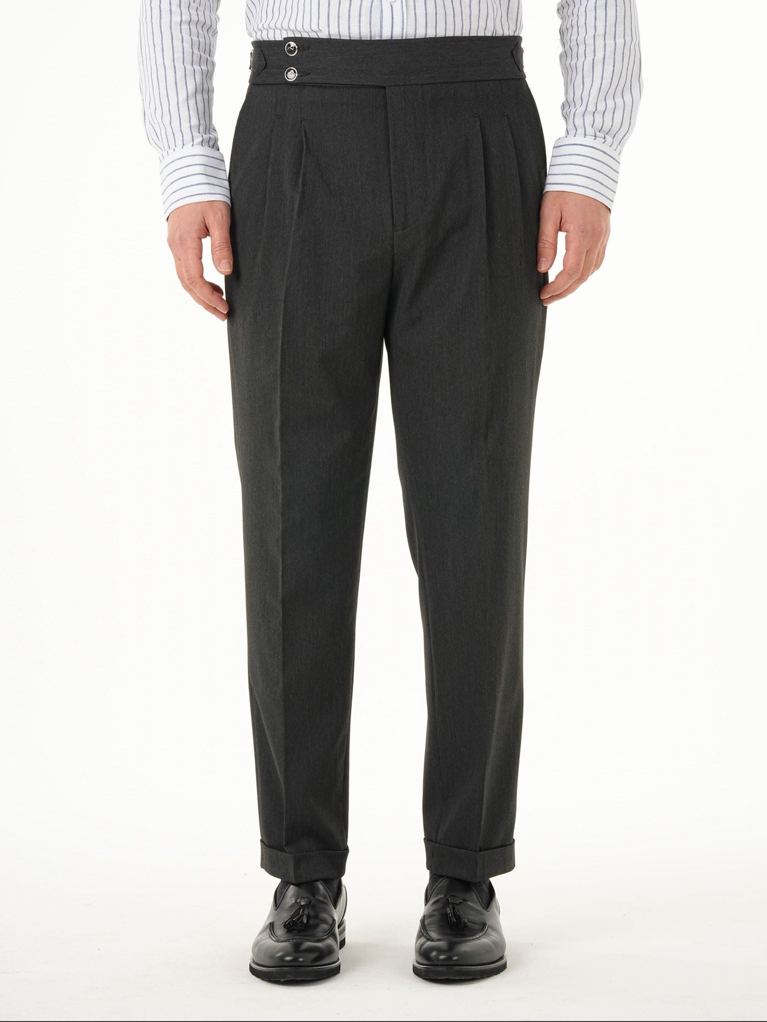 Erkek Regular Fit Yüksek Bel Piliseli Tokalı Kumaş Pantolon - Antrasit