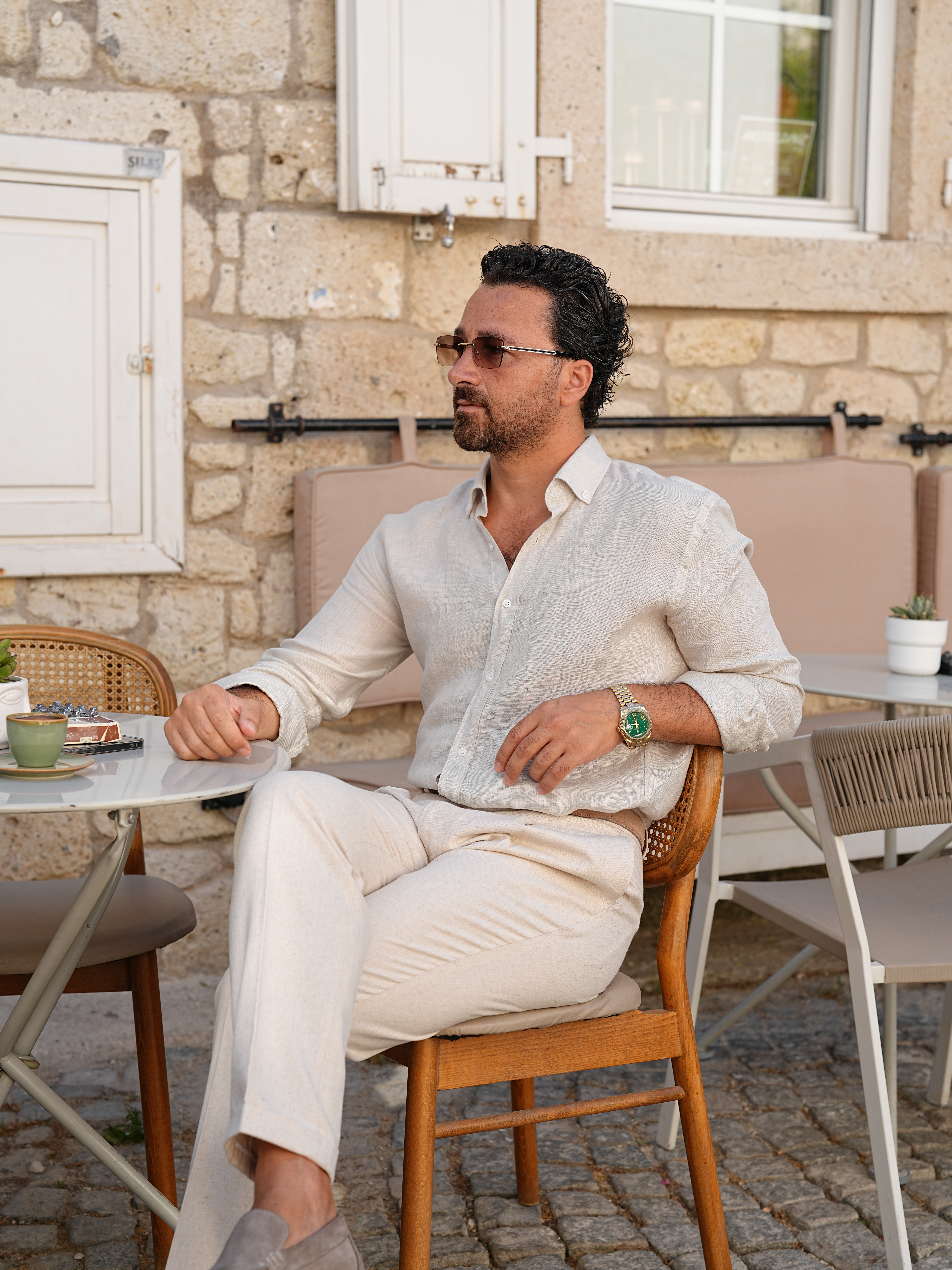PAREZ Keten Gömlek Modern Fit Yaka Düğmeli - Bej